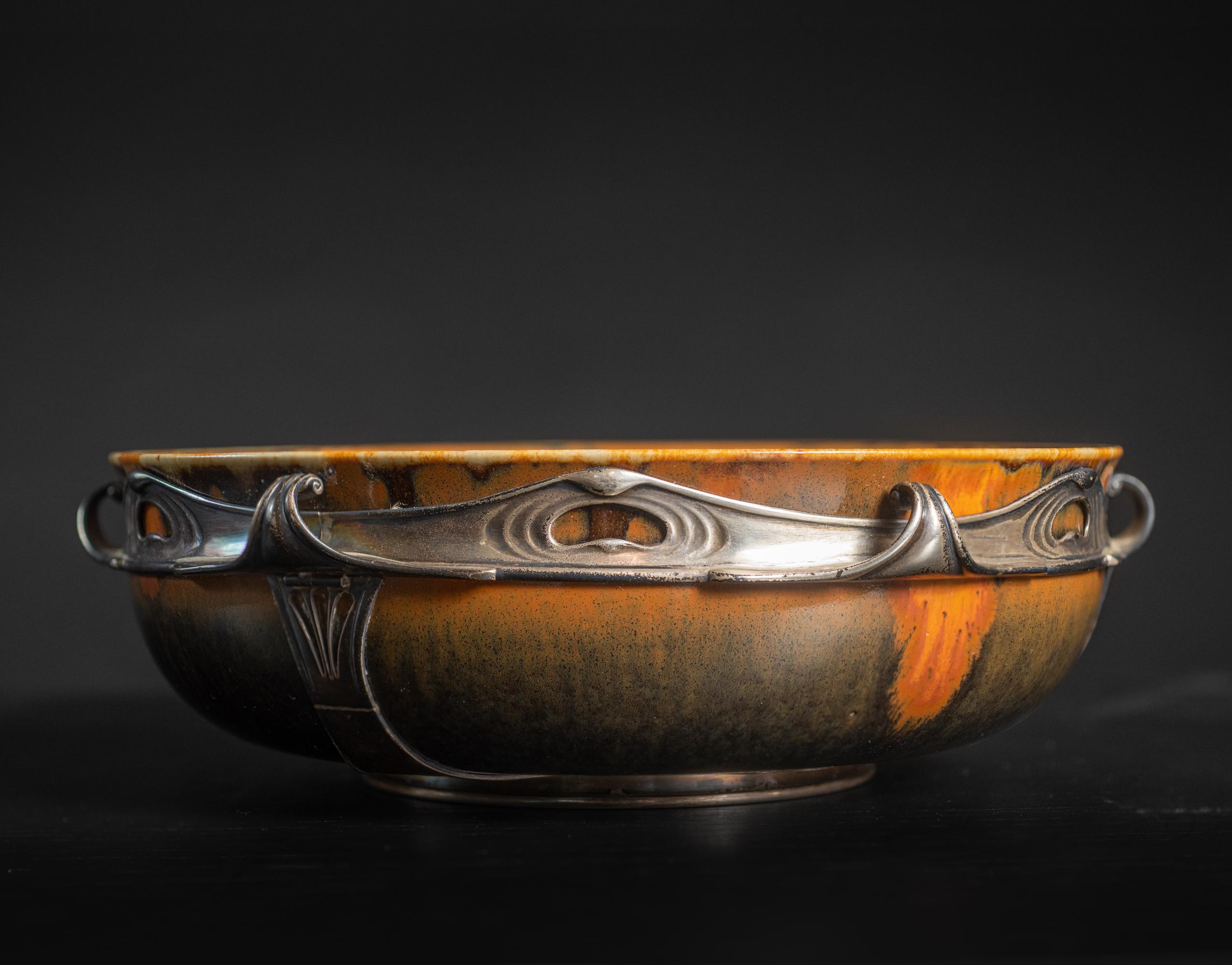 Early 20th Century Art Nouveau Stoneware Copper Drip Bowl in Silver Mount by Auguste Delaherche For Sale