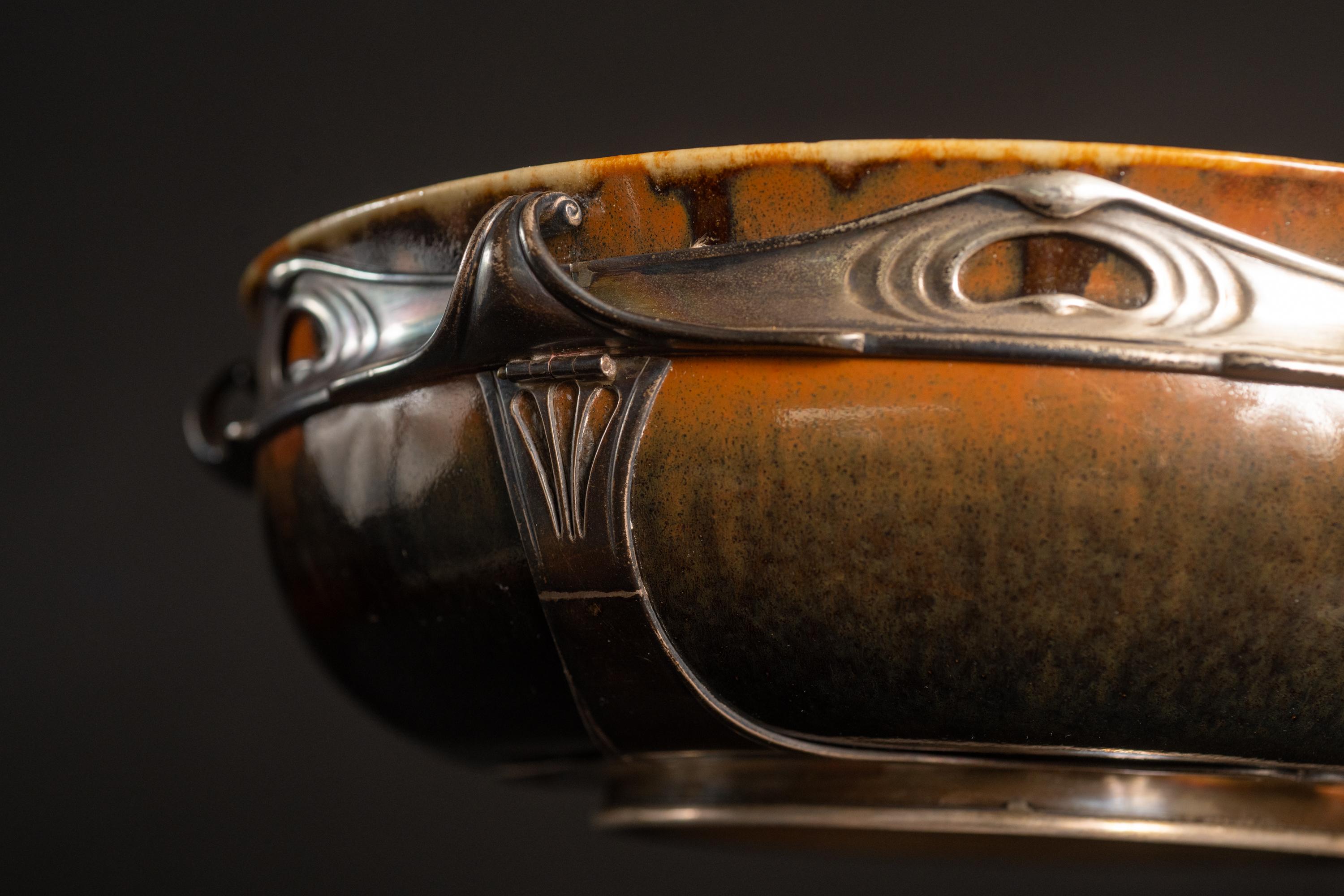 Art Nouveau Stoneware Copper Drip Bowl in Silver Mount by Auguste Delaherche For Sale 1