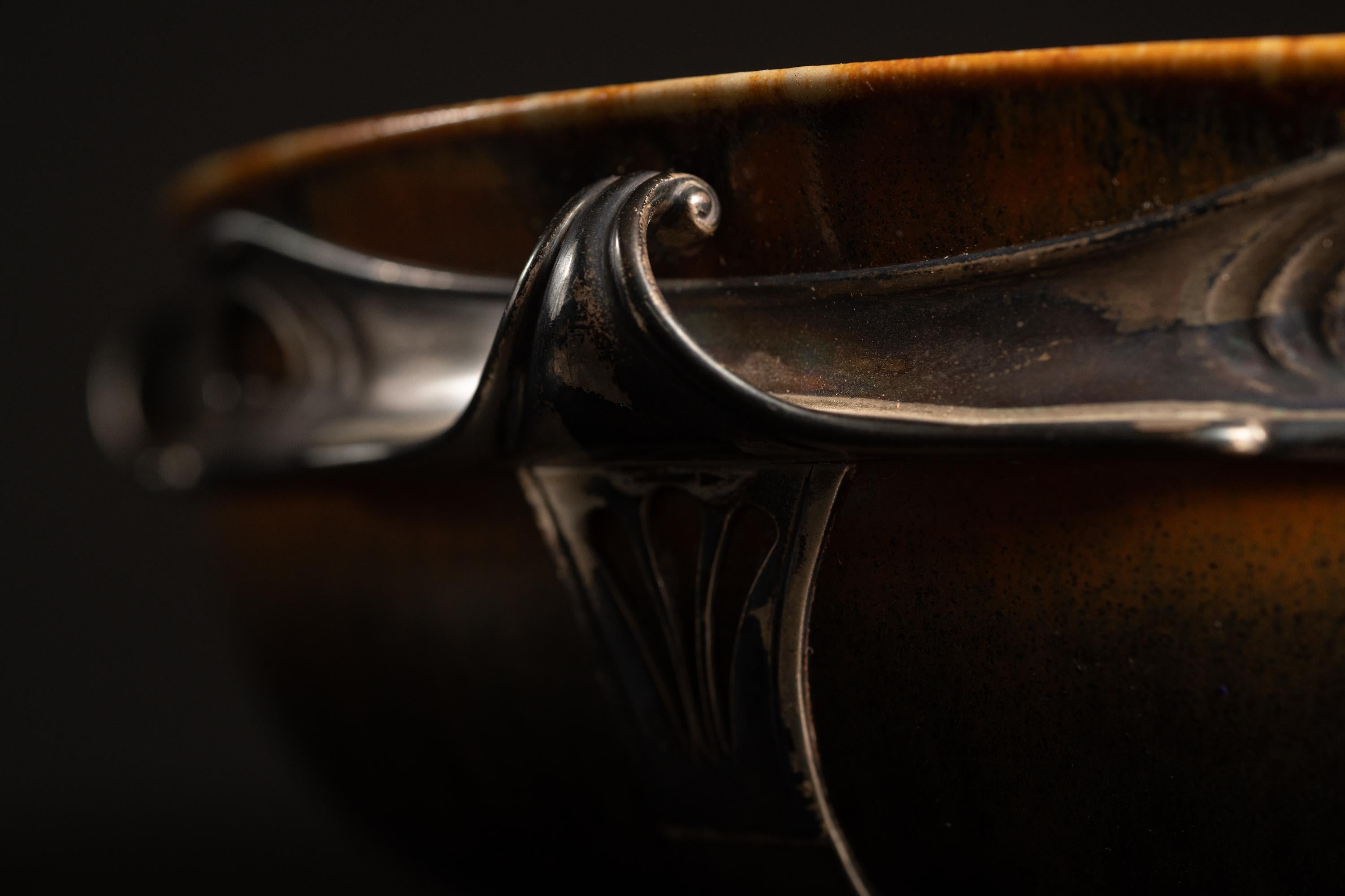 Art Nouveau Stoneware Copper Drip Bowl in Silver Mount by Auguste Delaherche For Sale 2