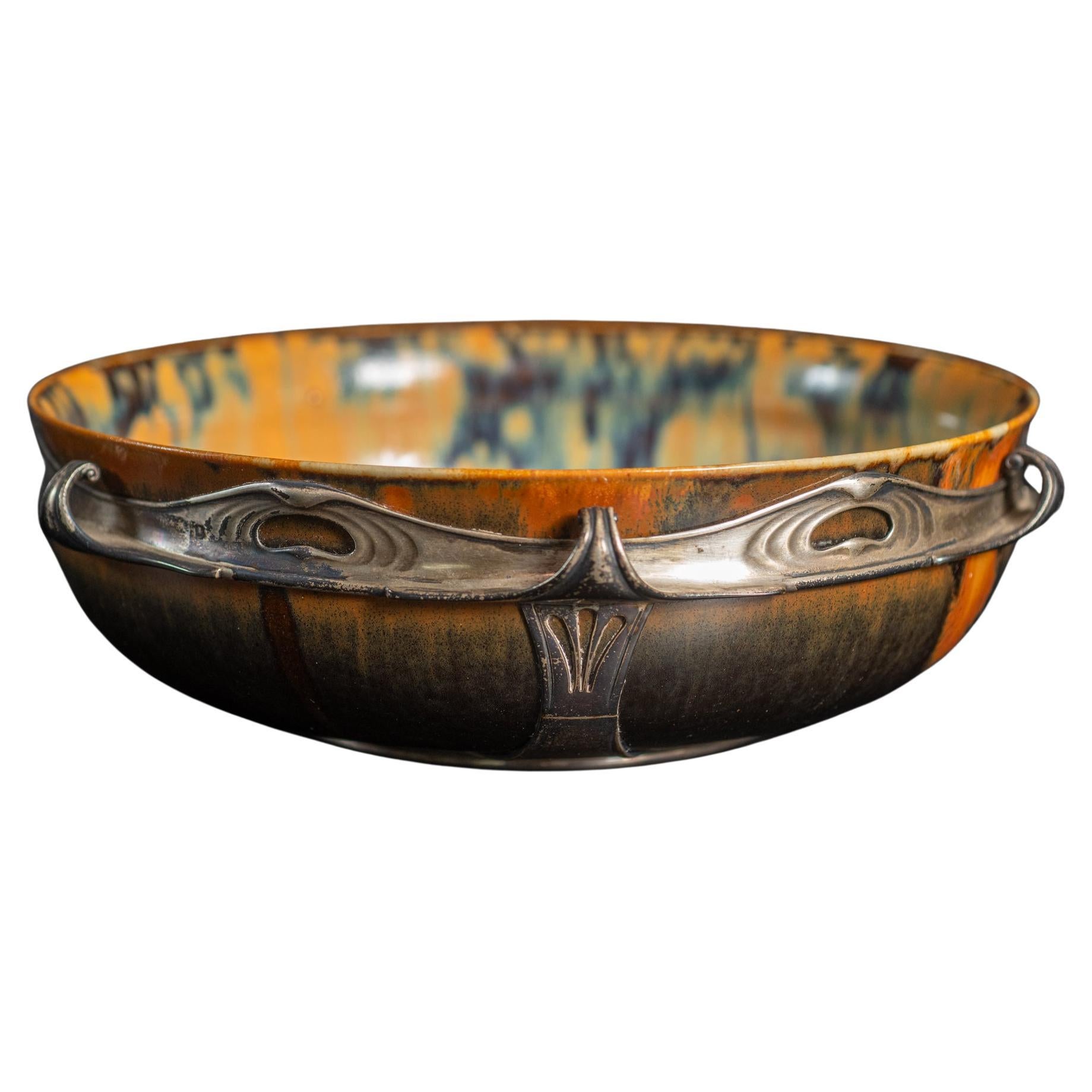 Art Nouveau Stoneware Copper Drip Bowl in Silver Mount by Auguste Delaherche For Sale