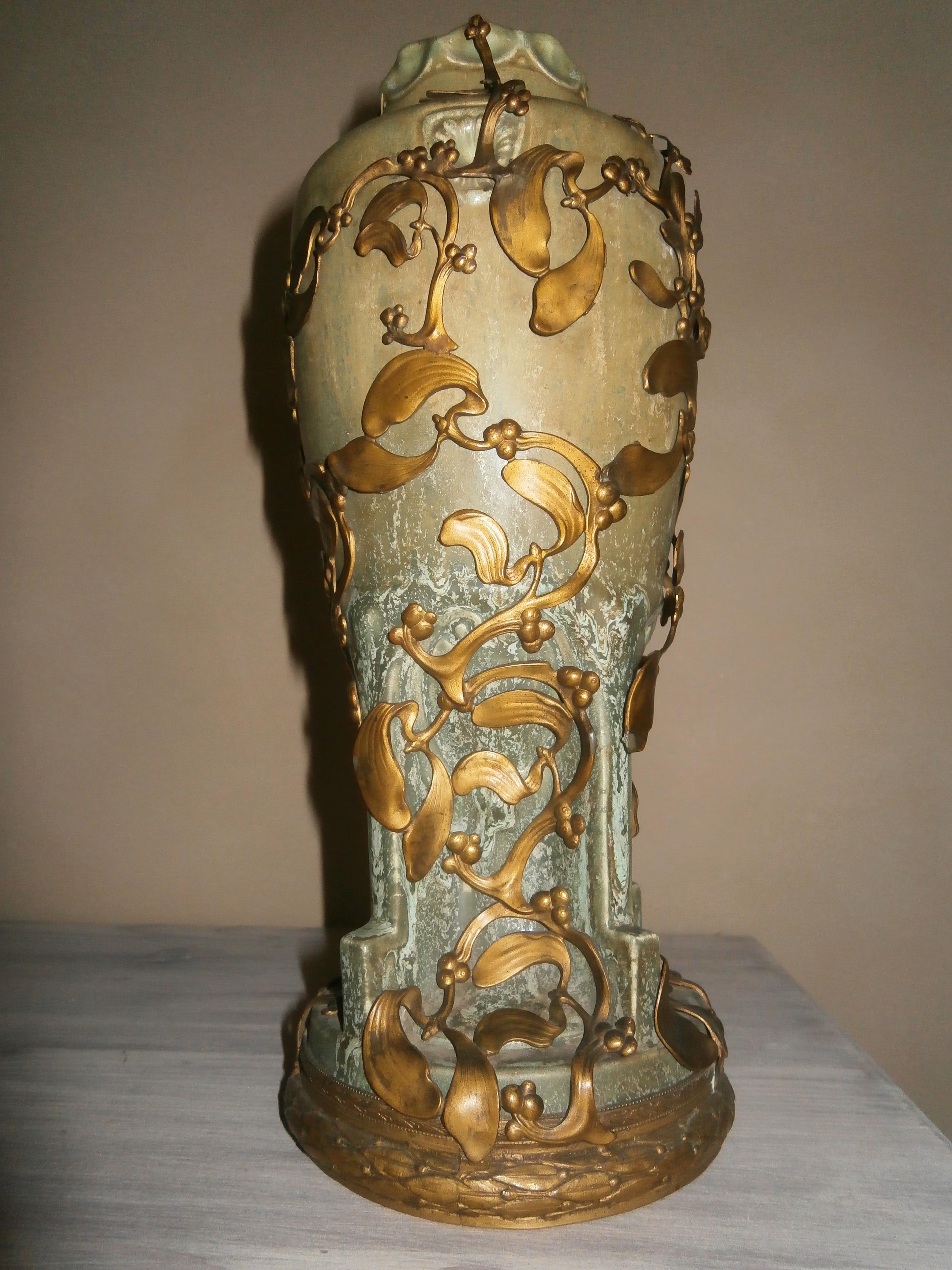 Austrian Art Nouveau Stoneware Vase with Brass Mounting For Sale