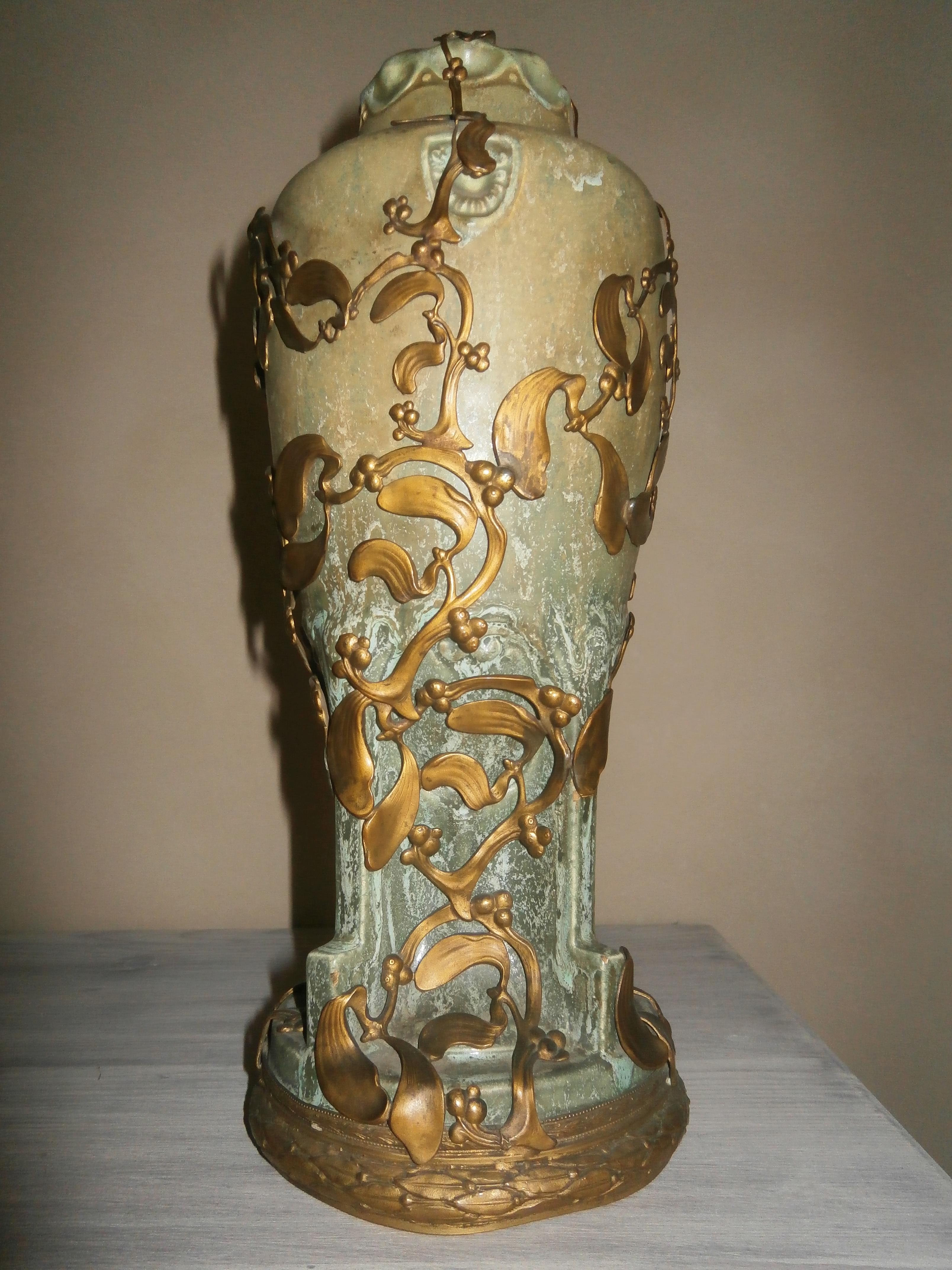20th Century Art Nouveau Stoneware Vase with Brass Mounting For Sale