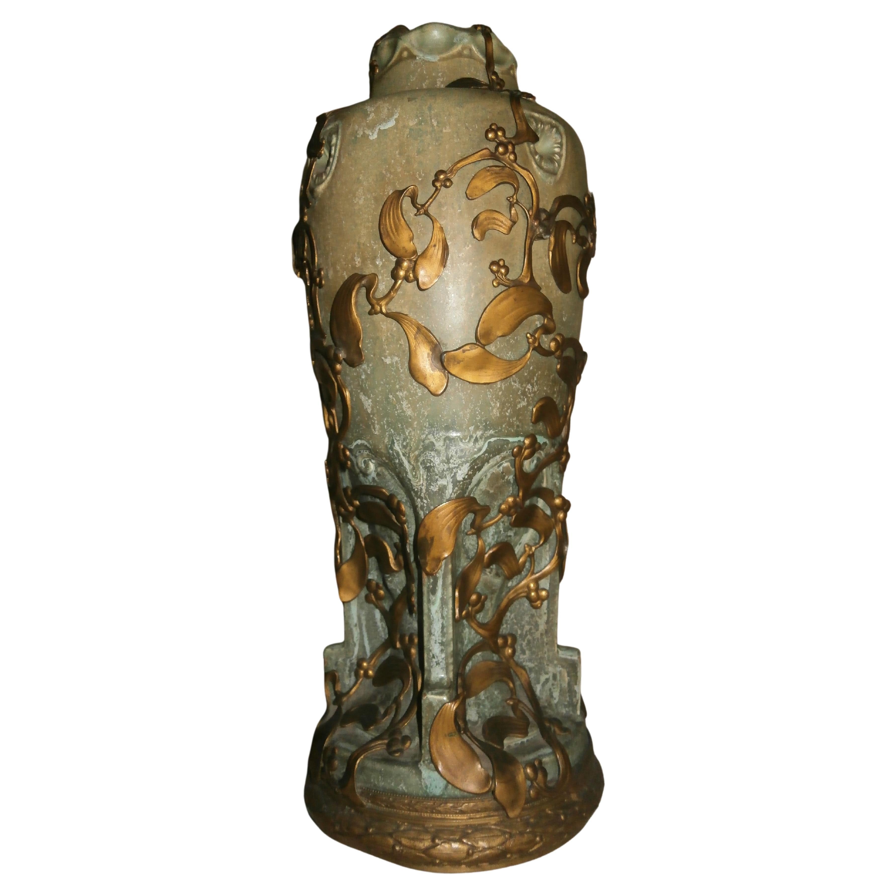 Art Nouveau Stoneware Vase with Brass Mounting For Sale