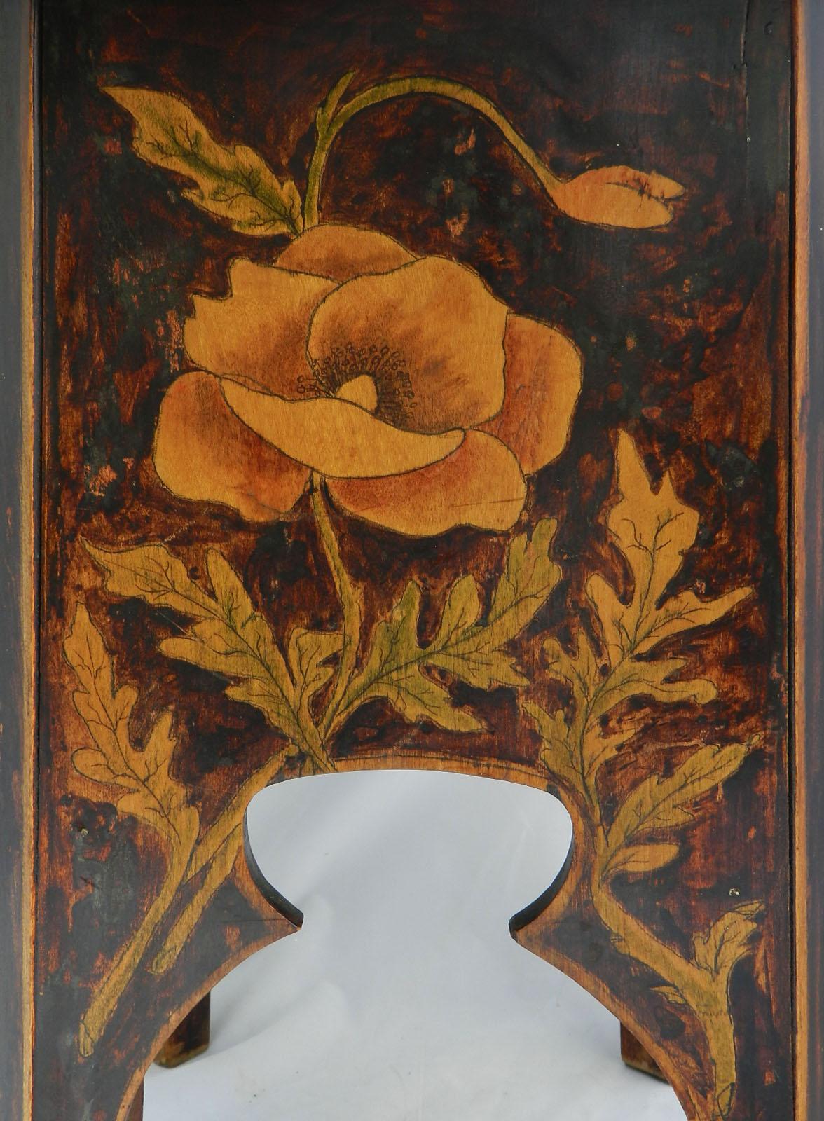 Art Nouveau stool one of a kind French hand decorated Belle Époque, circa 1900
Rare and very unusual, absolutely charming
Polished wood
Classic Art Nouveau floral painting and Pyrogravure on all sides, two with ladies heads emerging from the