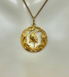 Art Nouveau Stork Bird Lily Pad Pendant Necklace 14K Gold Riker Bros Maternity