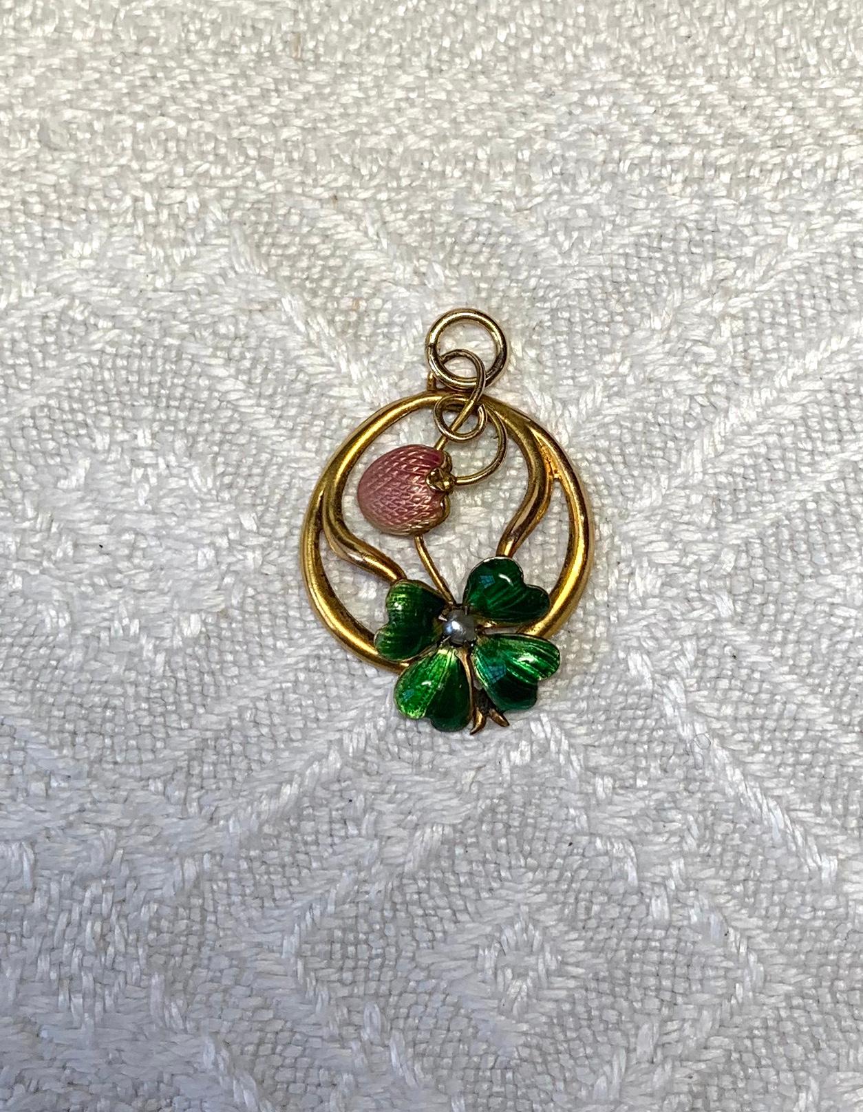 Bead Art Nouveau Strawberry Four-Leaf Clover Enamel Pendant Lucky Charm Gold For Sale