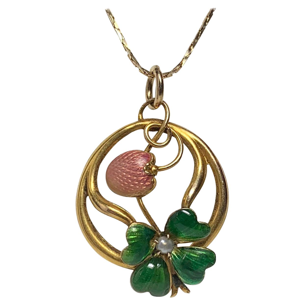 Art Nouveau Strawberry Four-Leaf Clover Enamel Pendant Lucky Charm Gold For Sale