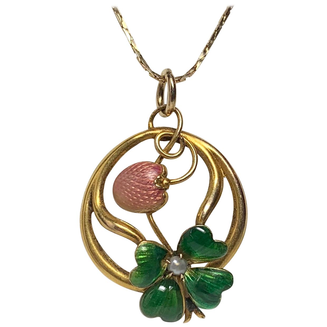 Art Nouveau Strawberry Four Leaf Clover Enamel Pendant Lucky Charm Gold