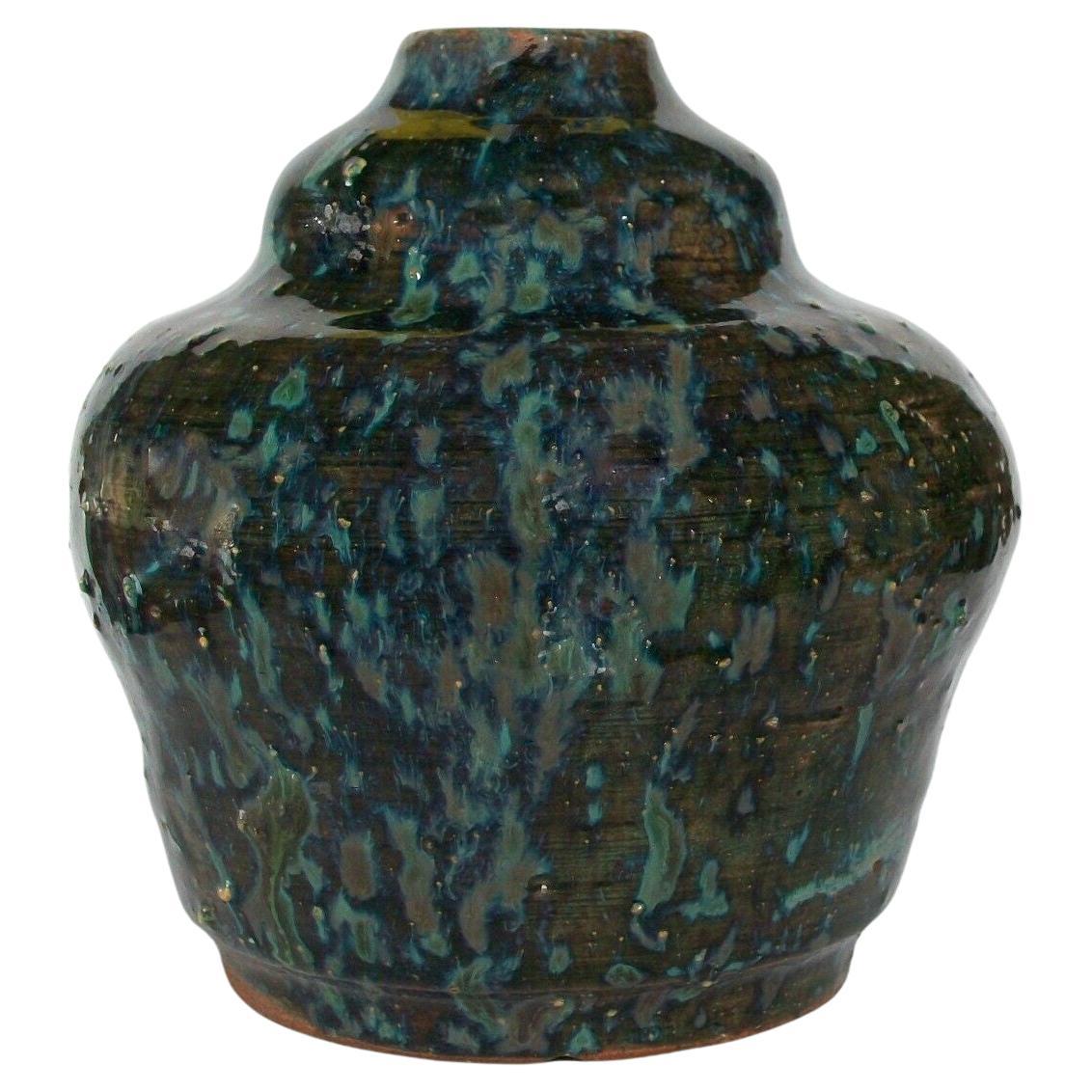 Art Nouveau Studio Pottery Vase, Terracotta with Splash Glaze, 20th Century