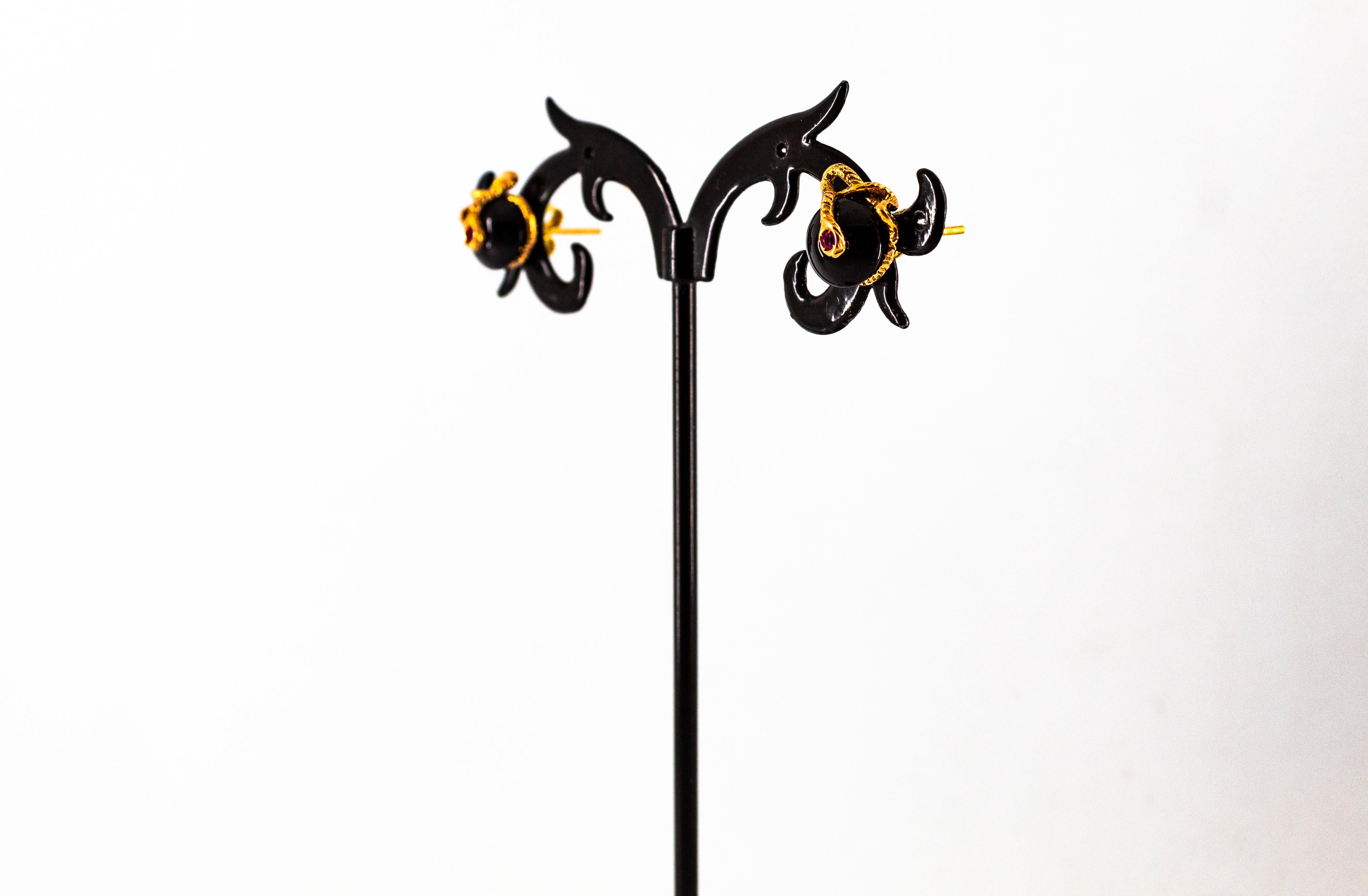 Art Nouveau Style 0.08 Carat Ruby Onyx Yellow Gold Stud Dangle 