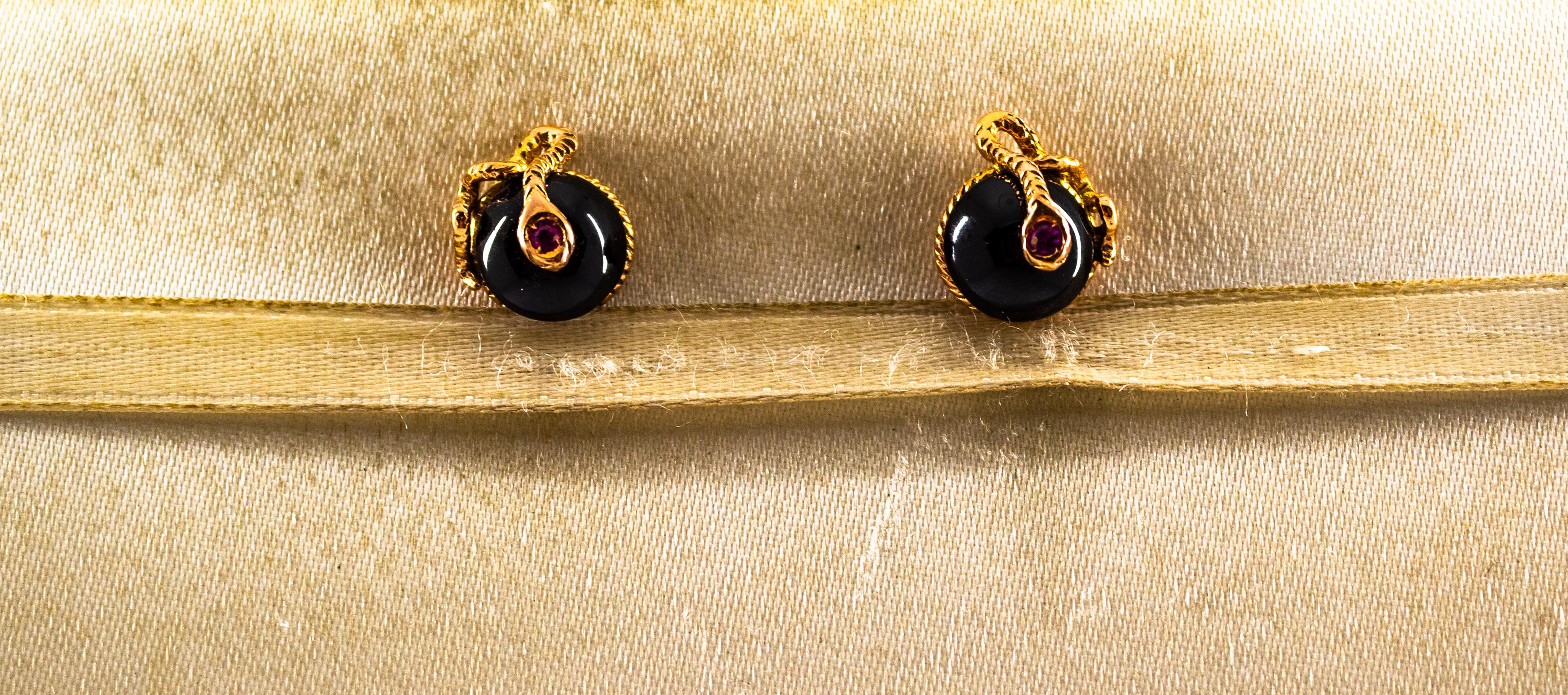 These Earrings are made of 9K Yellow Gold.
These Earrings have 0.08 Carats of Rubies.
These Earrings have two Onyxes.
These Earrings are available also with Pearls.

These Earrings are inspired by Art Nouveau.

All our Earrings have pins for pierced