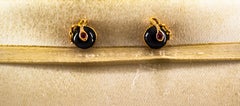 Art Nouveau Style 0.08 Carat Ruby Onyx Yellow Gold Stud Dangle "Snake" Earrings