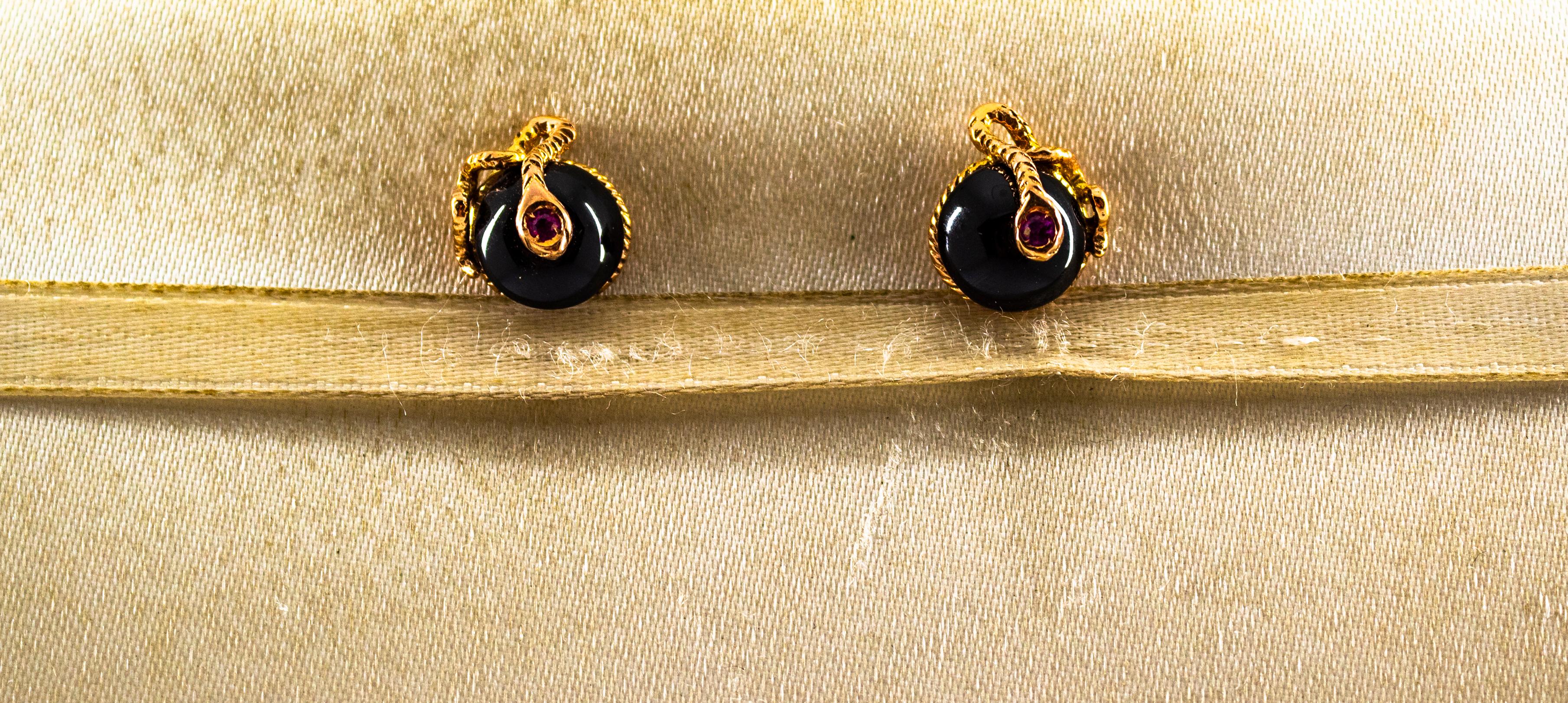 Brilliant Cut Art Nouveau Style 0.08 Carat Ruby Onyx Yellow Gold Stud Dangle 