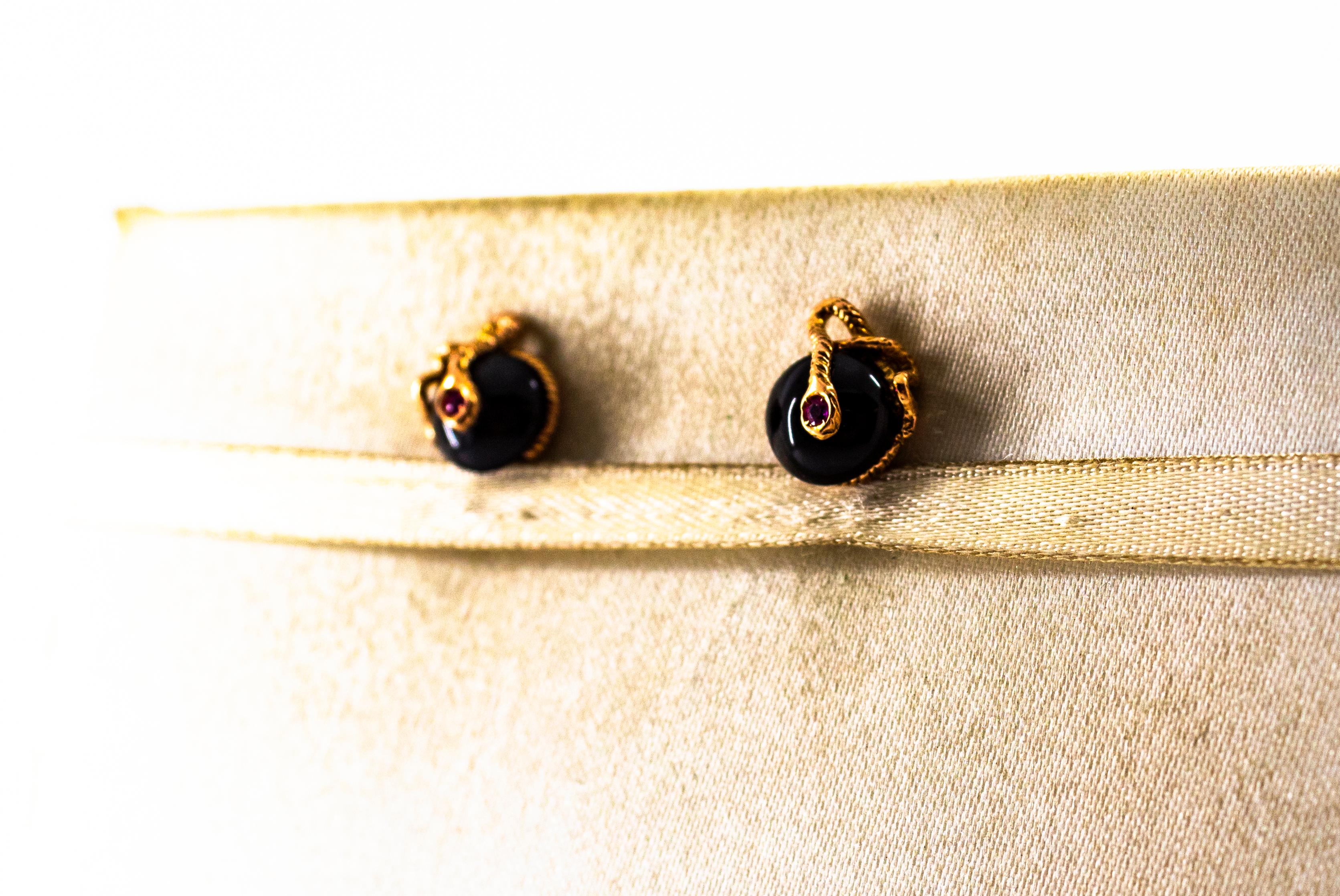 Women's or Men's Art Nouveau Style 0.08 Carat Ruby Onyx Yellow Gold Stud Dangle 