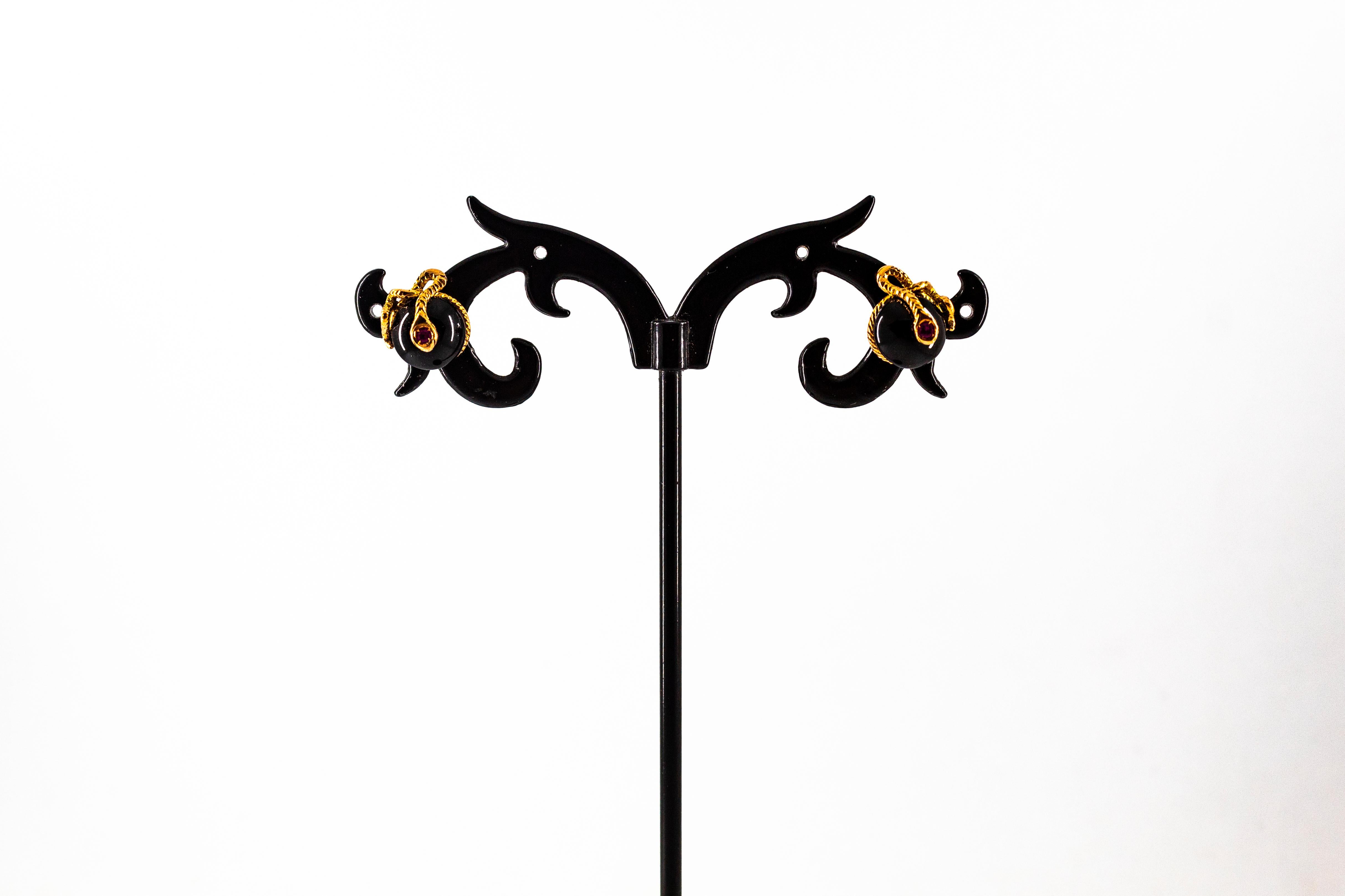 Art Nouveau Style 0.08 Carat Ruby Onyx Yellow Gold Stud Dangle 