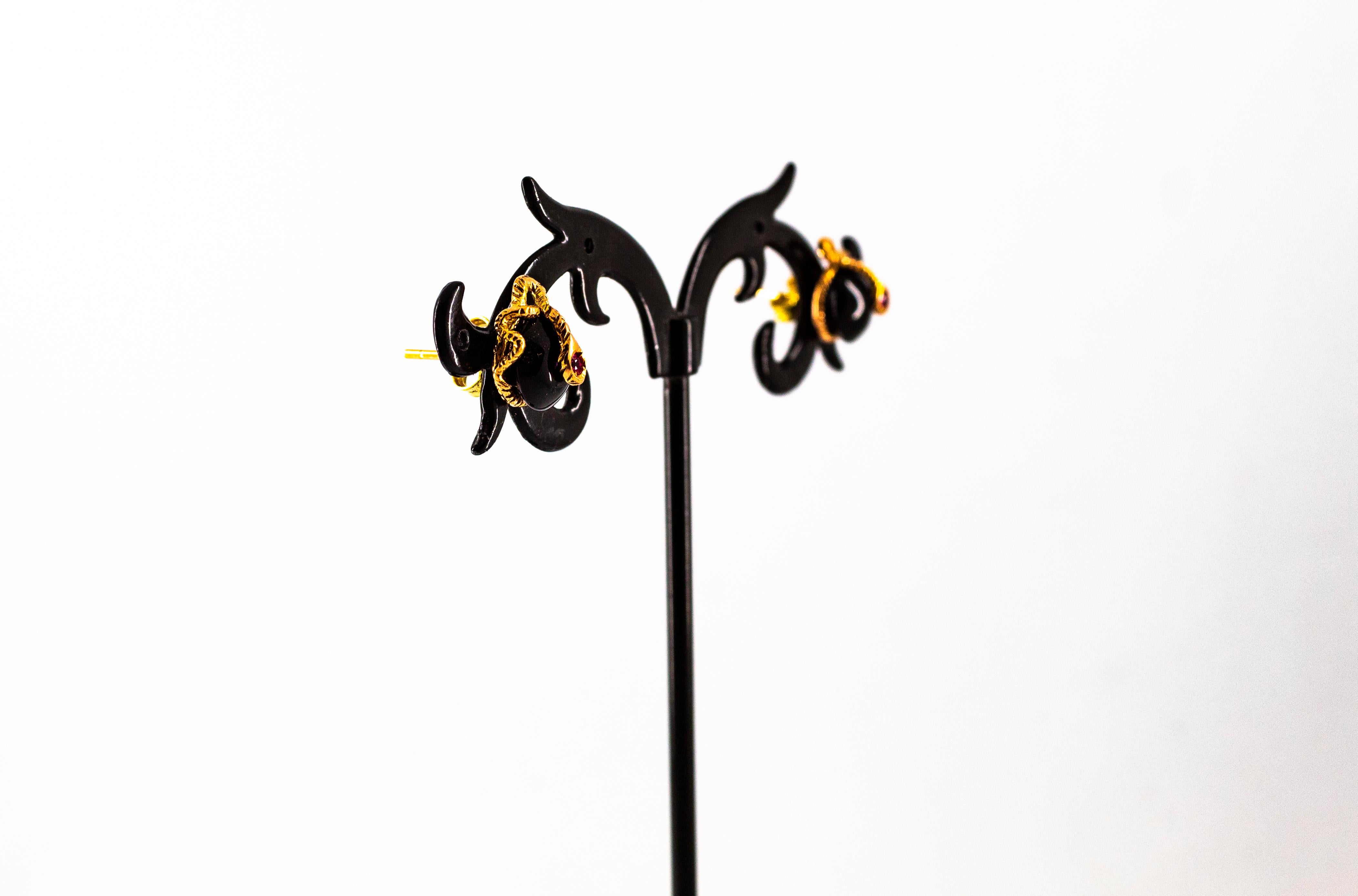 Art Nouveau Style 0.08 Carat Ruby Onyx Yellow Gold Stud Dangle 
