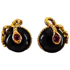 Art Nouveau Style 0.08 Carat Ruby Onyx Yellow Gold Stud Dangle "Snake" Earrings