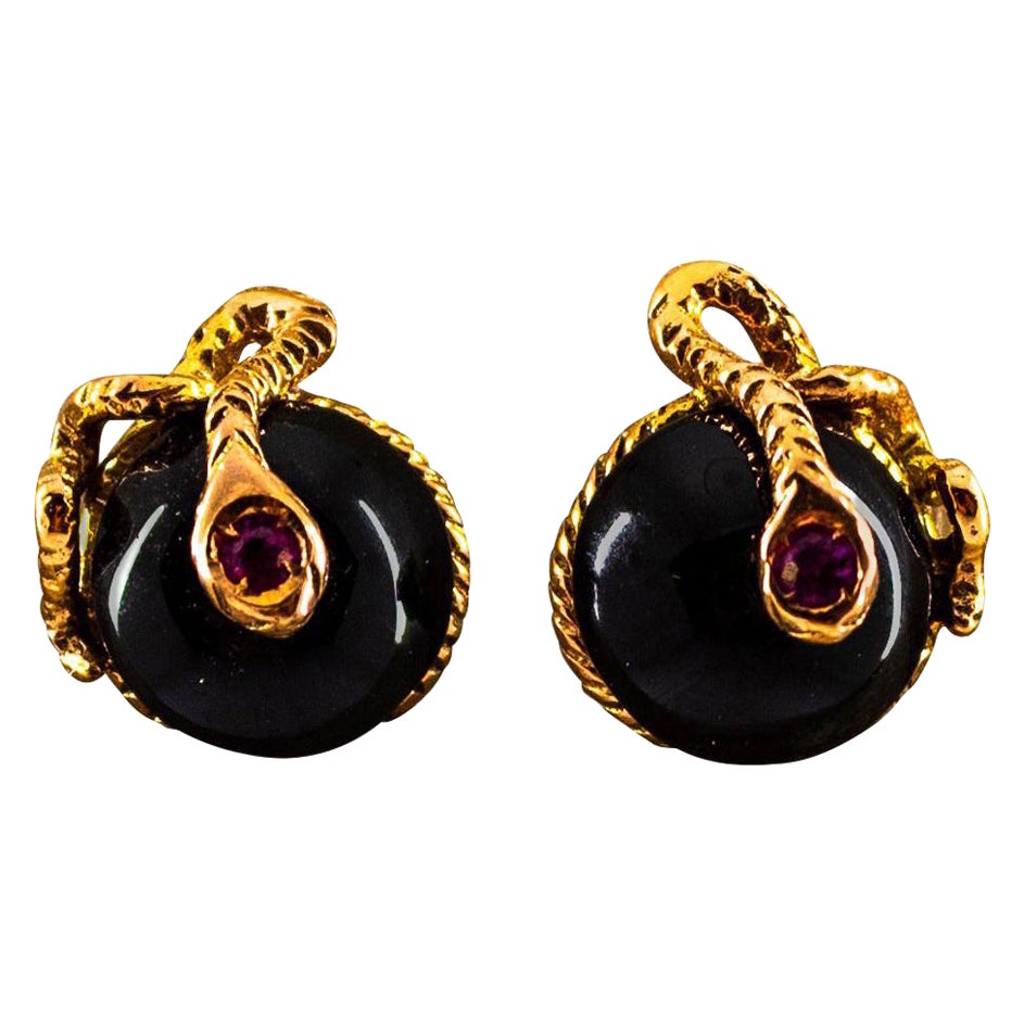 Art Nouveau Style 0.08 Carat Ruby Onyx Yellow Gold Stud Dangle "Snake" Earrings