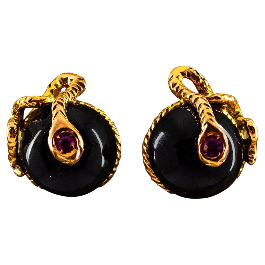 Art Nouveau Style 0.08 Carat Ruby Onyx Yellow Gold Stud Dangle "Snake" Earrings For Sale