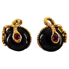 Art Nouveau Style 0.08 Carat Ruby Onyx Yellow Gold Stud Dangle "Snake" Earrings