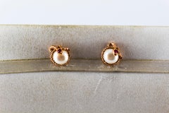 Art Nouveau Style 0.08 Carat Ruby Pearl Yellow Gold Stud Dangle "Snake" Earrings
