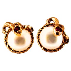Art Nouveau Style 0.08 Carat Ruby Pearl Yellow Gold Stud Dangle "Snake" Earrings