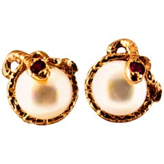 Art Nouveau Style 0.08 Carat Ruby Pearl Yellow Gold Stud Dangle "Snake" Earrings