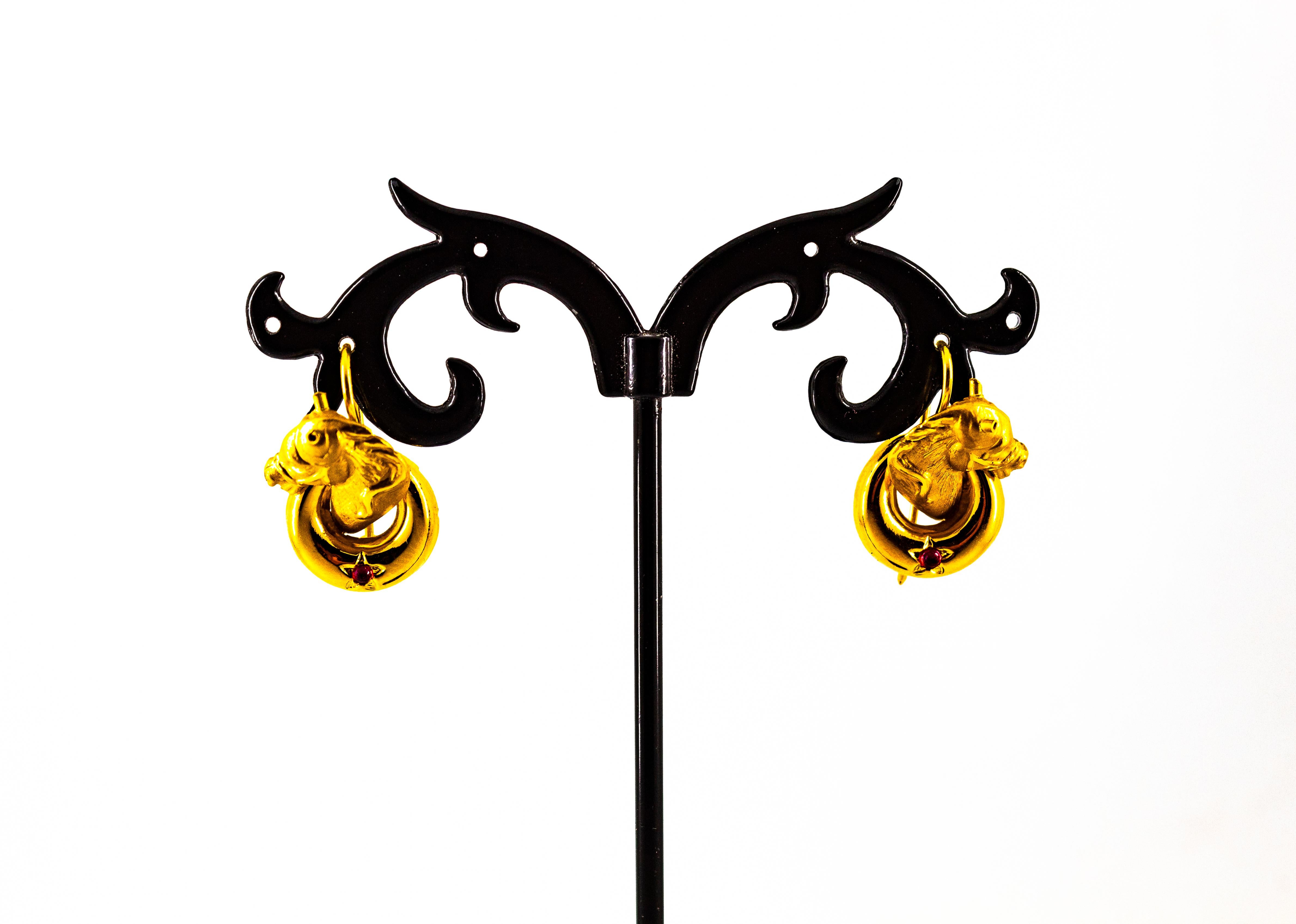Art Nouveau Style 0.10 Carat Ruby Yellow Gold Stud Dangle 
