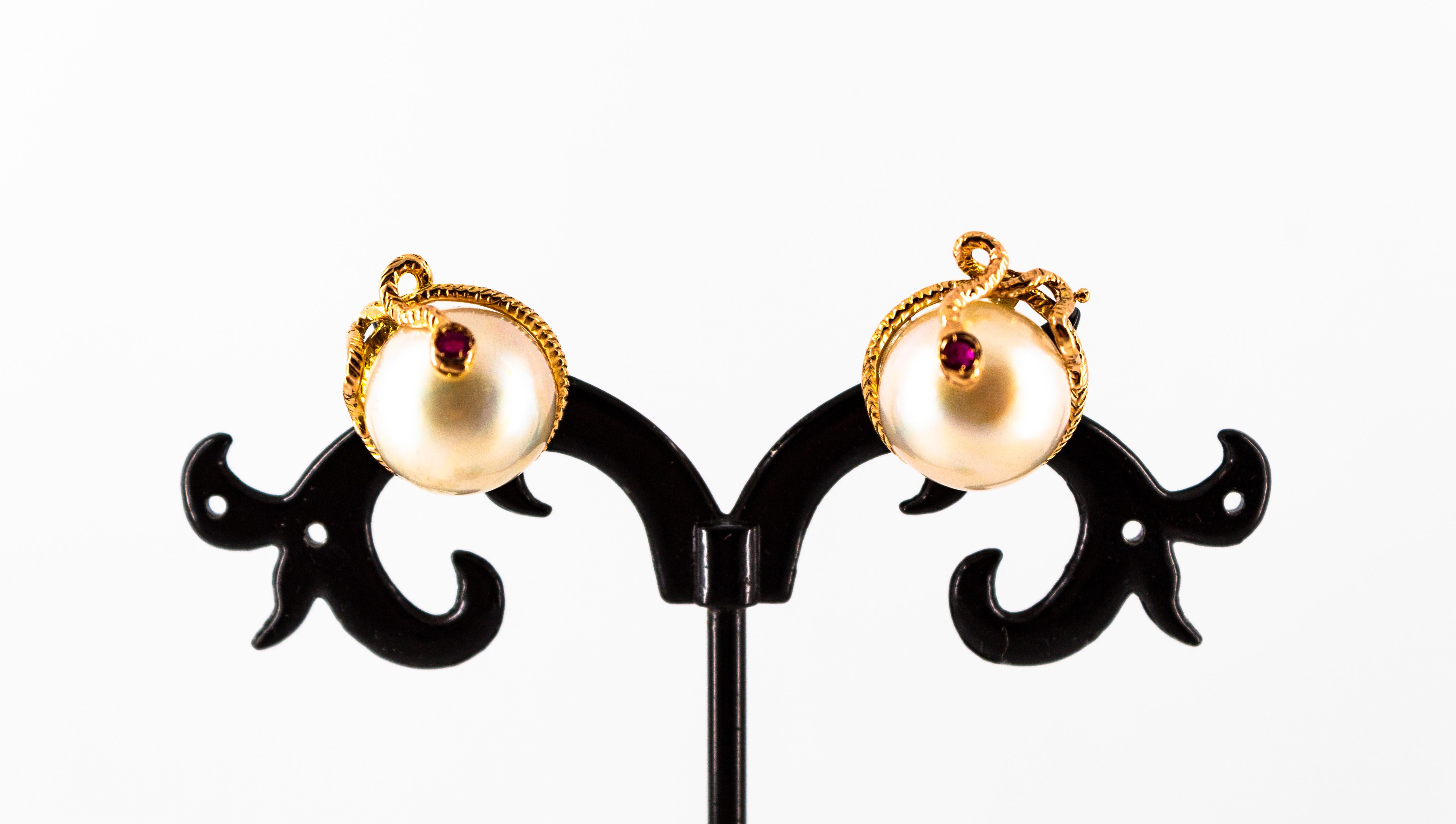 Art Nouveau Style 0.12 Carat Ruby Mabe Pearl Yellow Gold Dangle 