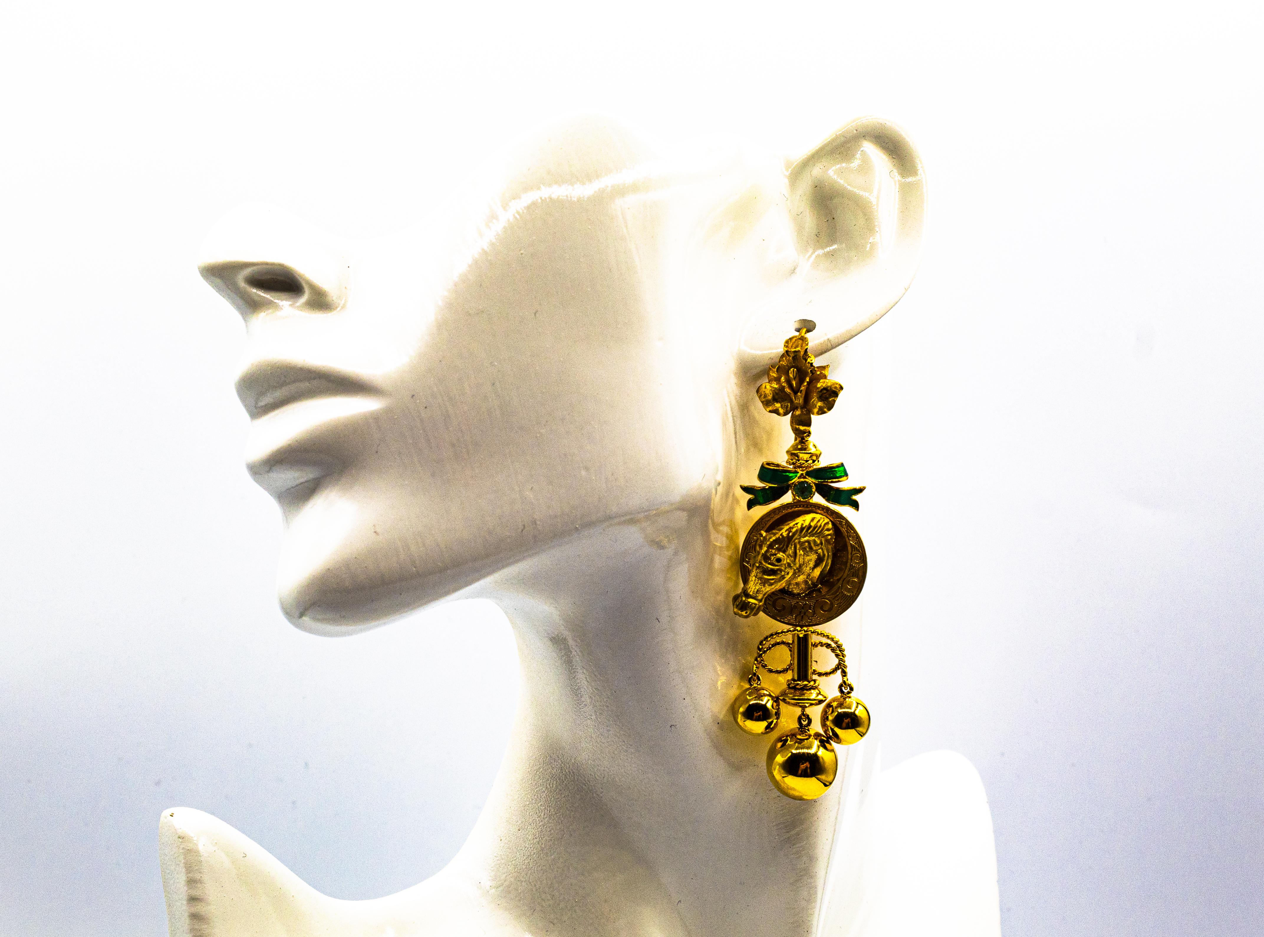 Art Nouveau Style 0.20 Carat Emerald Enamel Yellow Gold Drop 