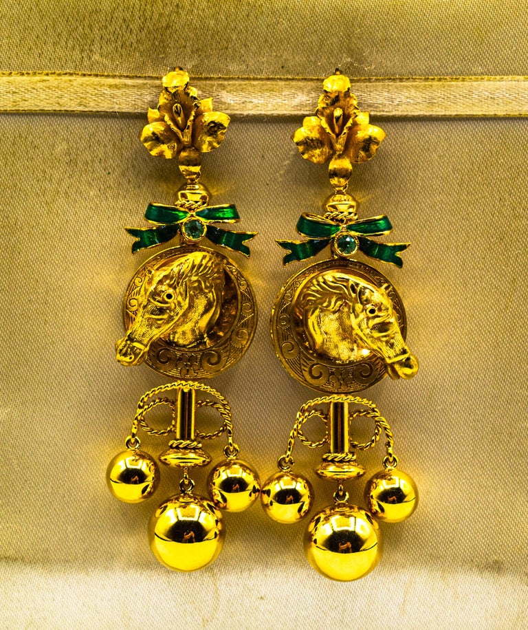 Brilliant Cut Art Nouveau Style 0.20 Carat Emerald Enamel Yellow Gold Drop 