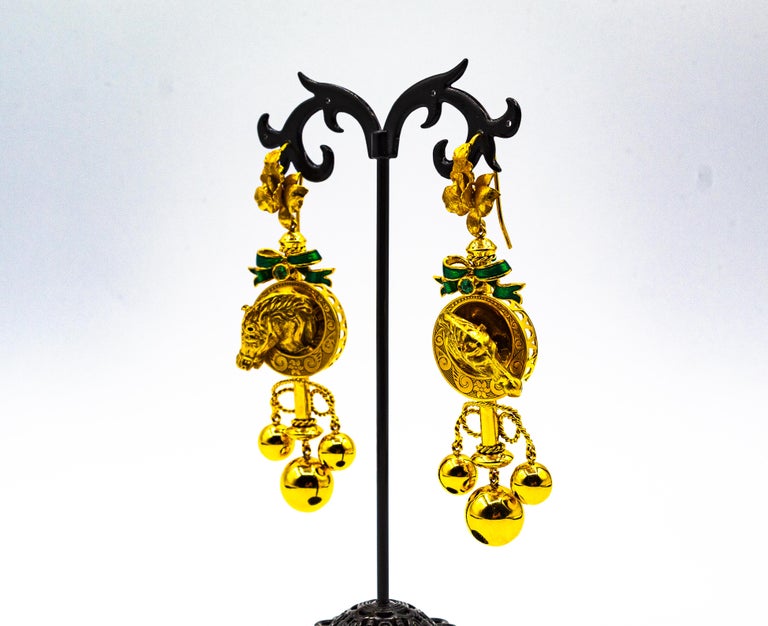 Art Nouveau Style 0.20 Carat Emerald Enamel Yellow Gold Drop 