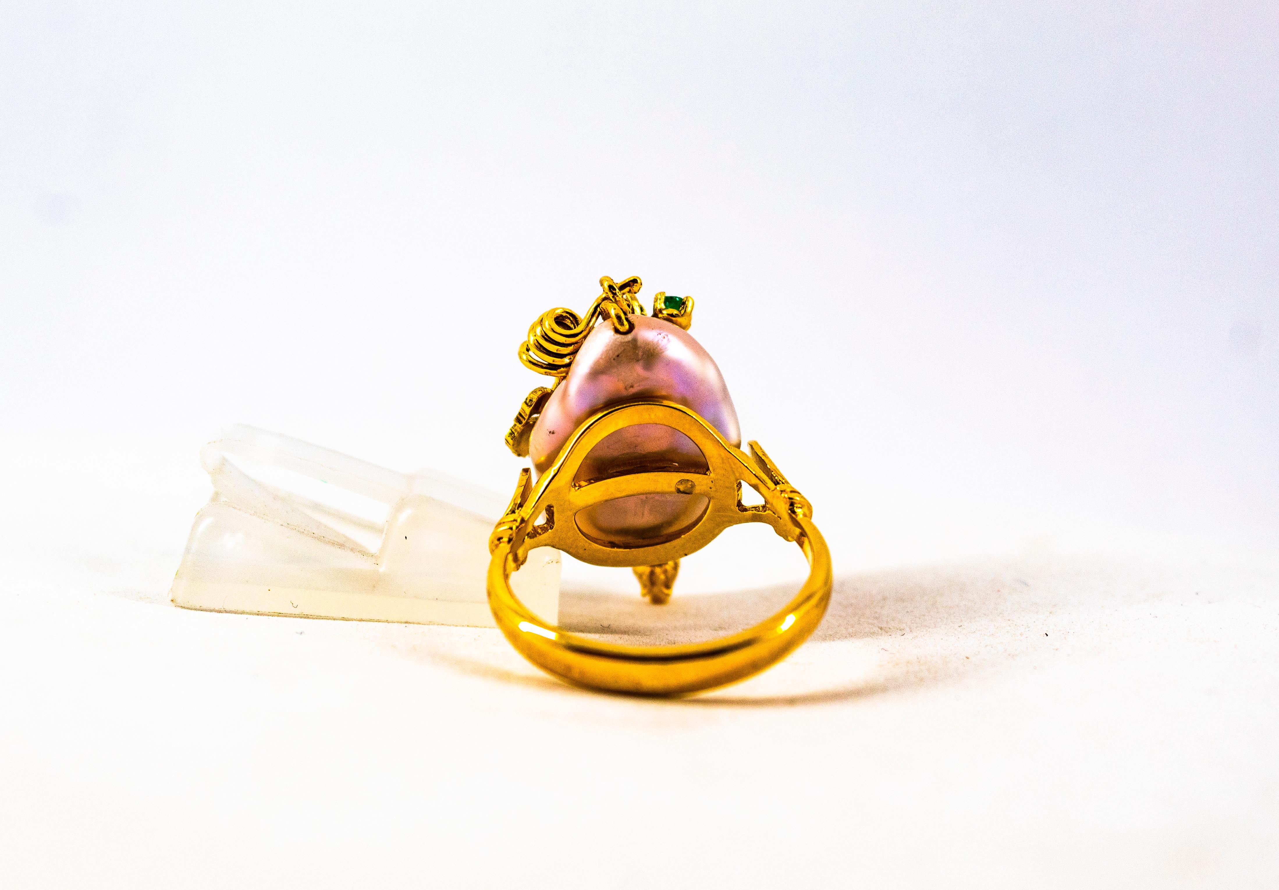 Art Nouveau Style 0.20 Carat Emerald Pearl Yellow Gold Cocktail Ring For Sale 5