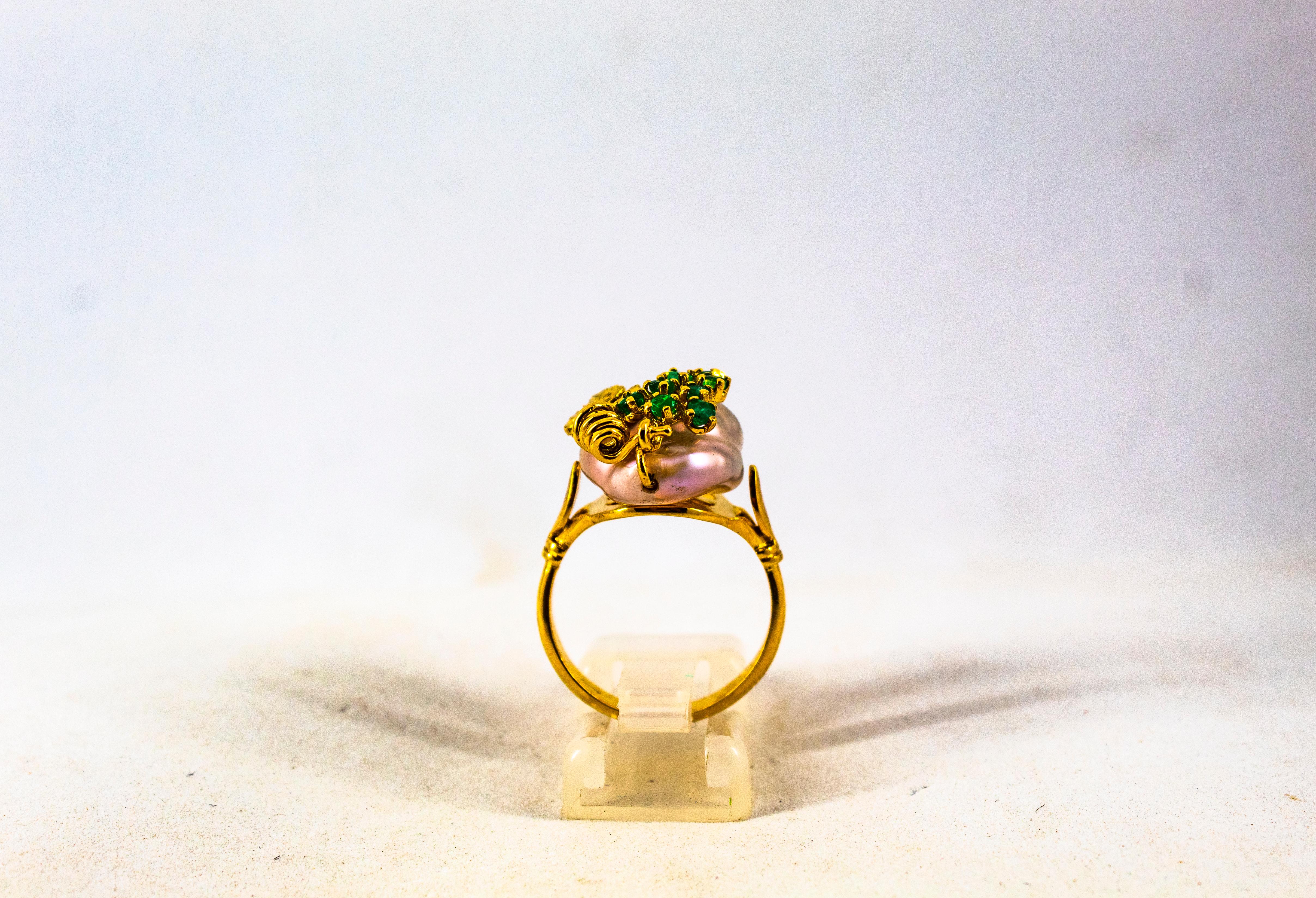 Art Nouveau Style 0.20 Carat Emerald Pearl Yellow Gold Cocktail Ring 1