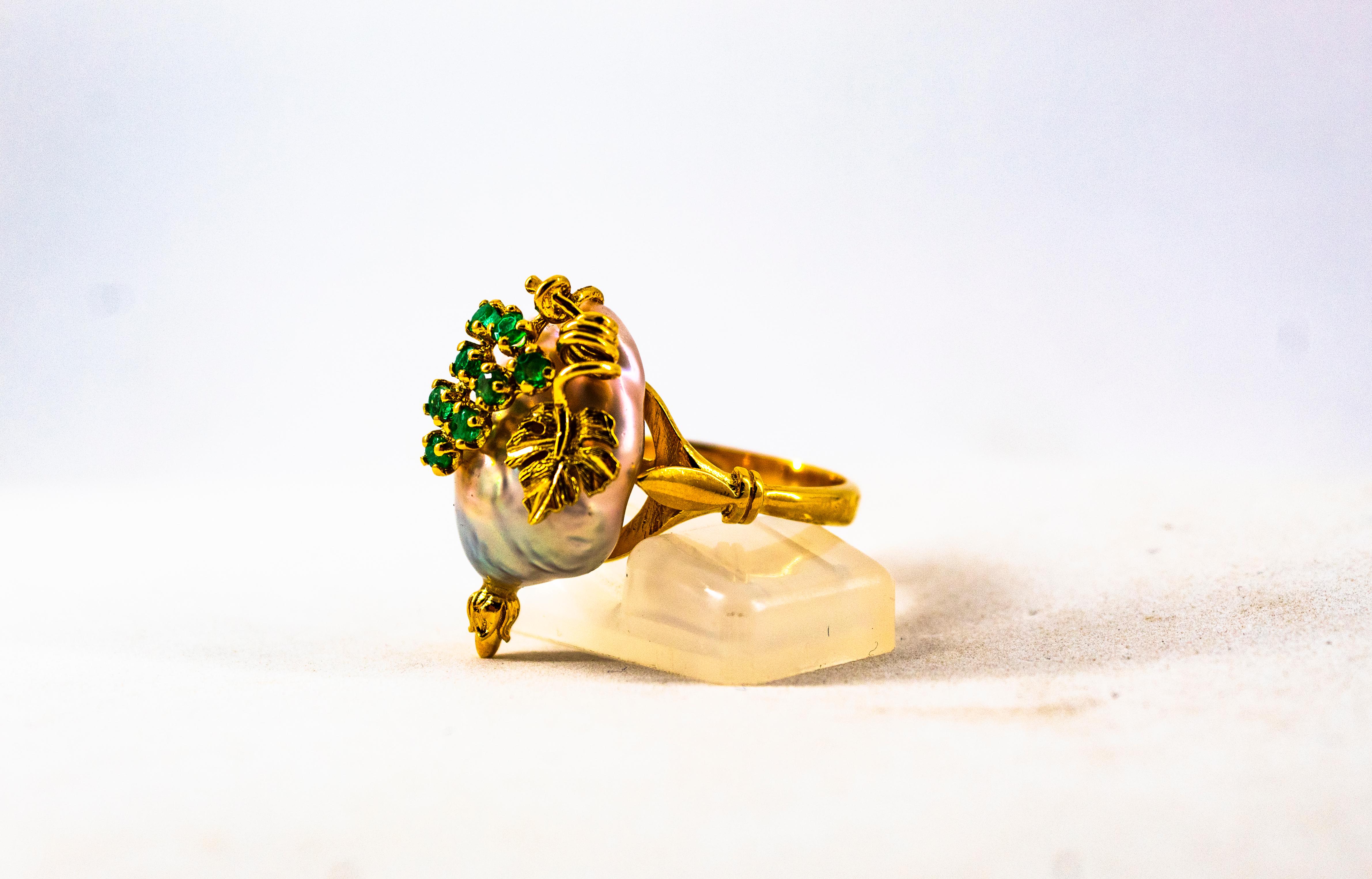 Art Nouveau Style 0.20 Carat Emerald Pearl Yellow Gold Cocktail Ring For Sale 4