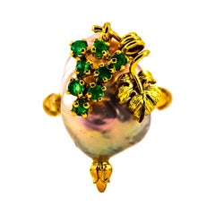 Art Nouveau Style 0.20 Carat Emerald Pearl Yellow Gold Cocktail Ring