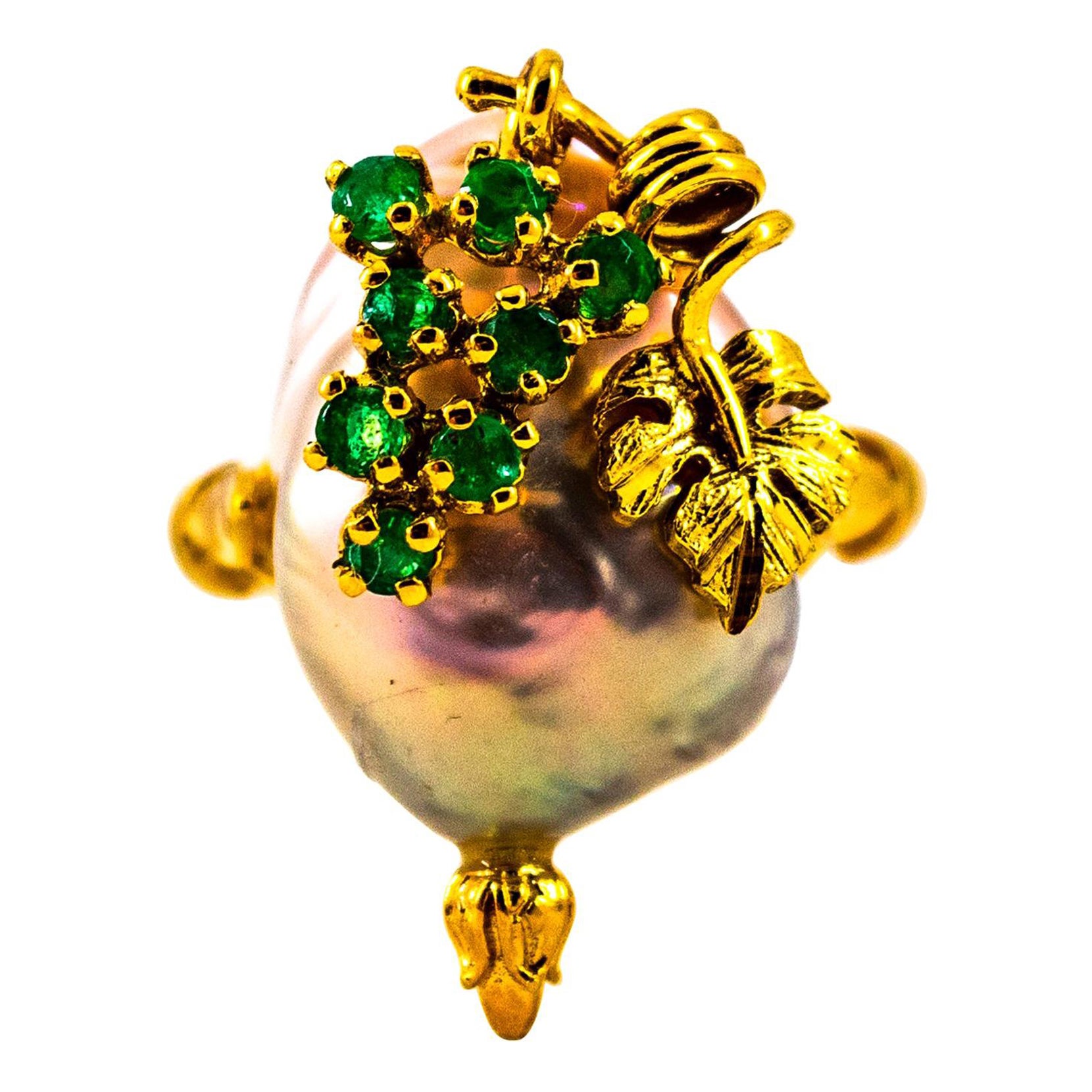 Art Nouveau Style 0.20 Carat Emerald Pearl Yellow Gold Cocktail Ring For Sale