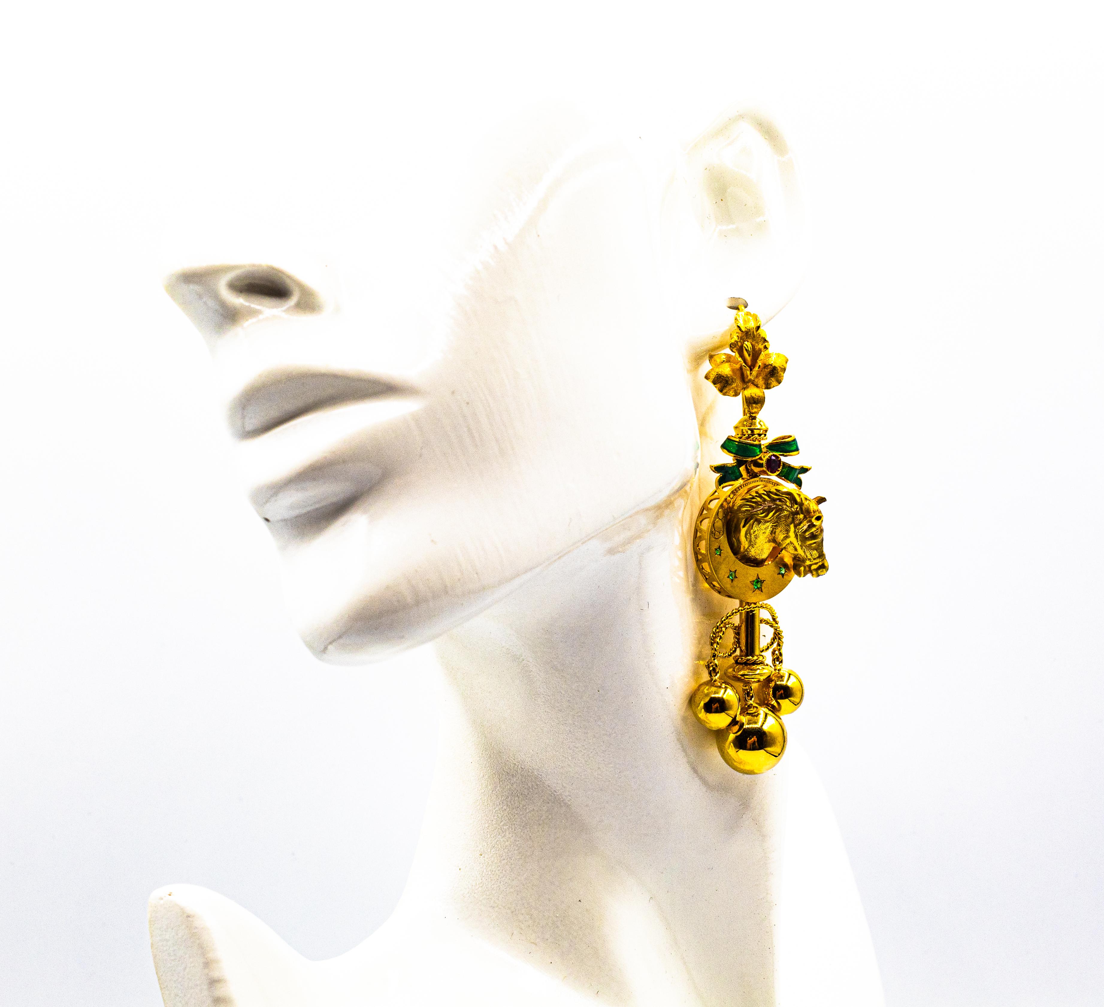Art Nouveau Style 0.20 Carat Ruby Enamel Yellow Gold Drop 