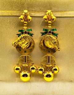 Art Nouveau Style 0.20 Carat Ruby Enamel Yellow Gold Drop "Horses" Earrings