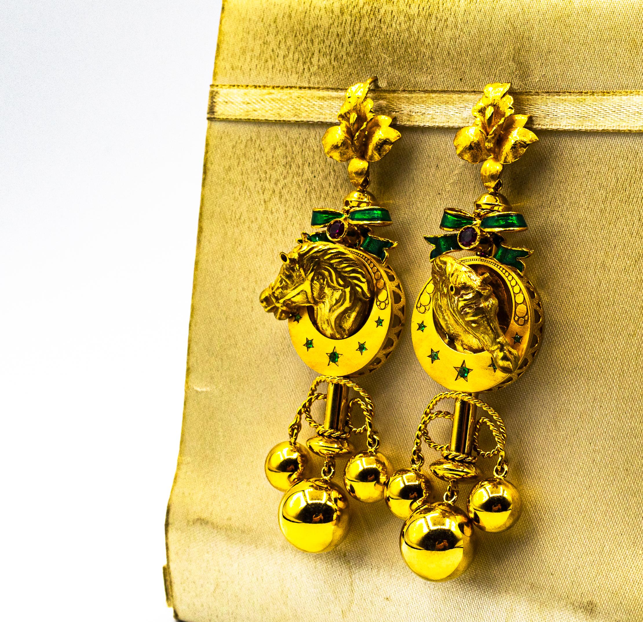 Women's or Men's Art Nouveau Style 0.20 Carat Ruby Enamel Yellow Gold Drop 