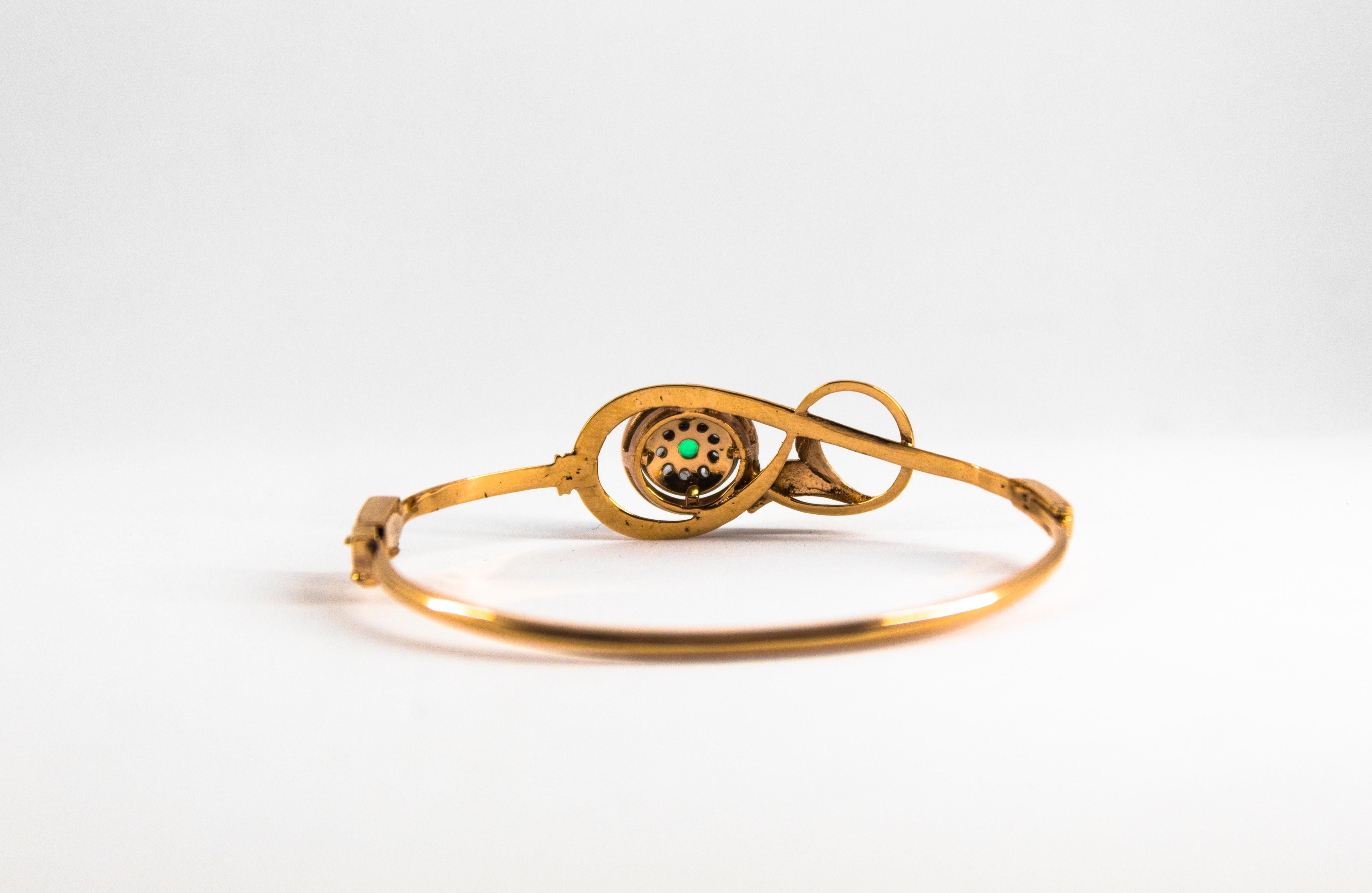 Art Nouveau Style 0.25 Carat White Diamond Emerald Yellow Gold Bangle Bracelet For Sale 1