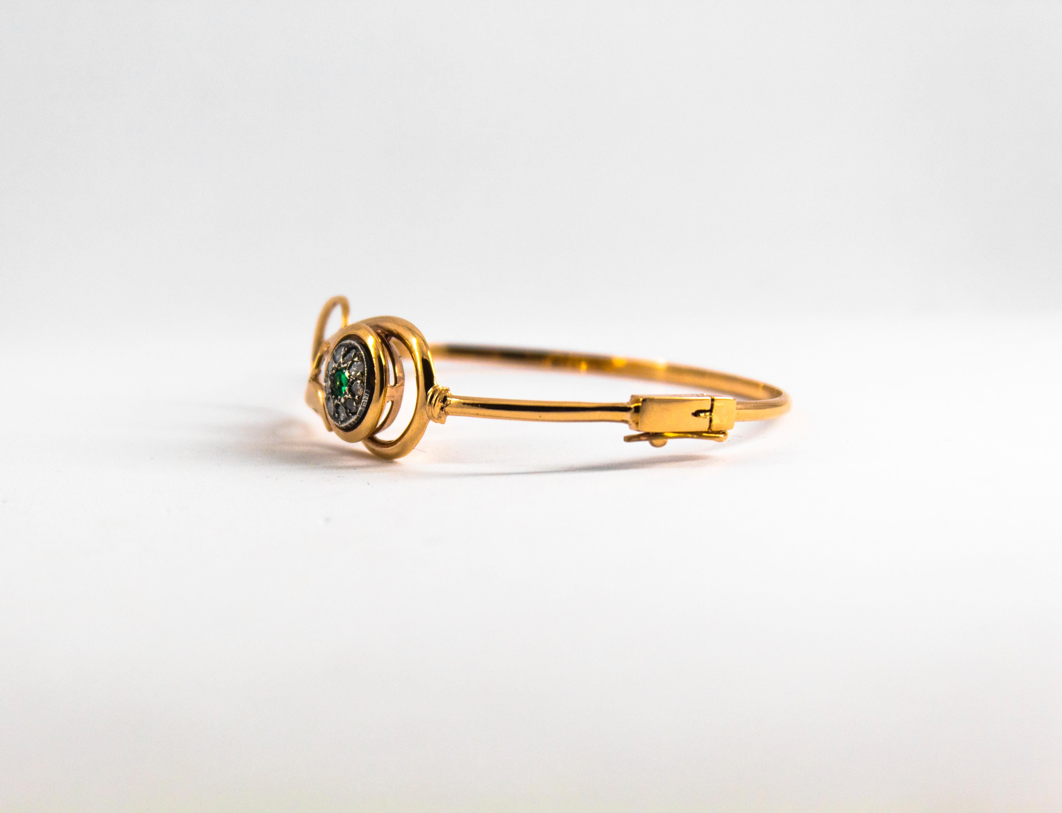 Art Nouveau Style 0.25 Carat White Diamond Emerald Yellow Gold Bangle Bracelet For Sale 2