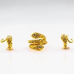 Art Nouveau Style 0.26 Carat White Diamond Ruby Yellow Gold Hoop Snake Earrings