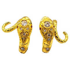 Art Nouveau Style 0.26 Carat White Diamond Ruby Yellow Gold Hoop Snake Earrings