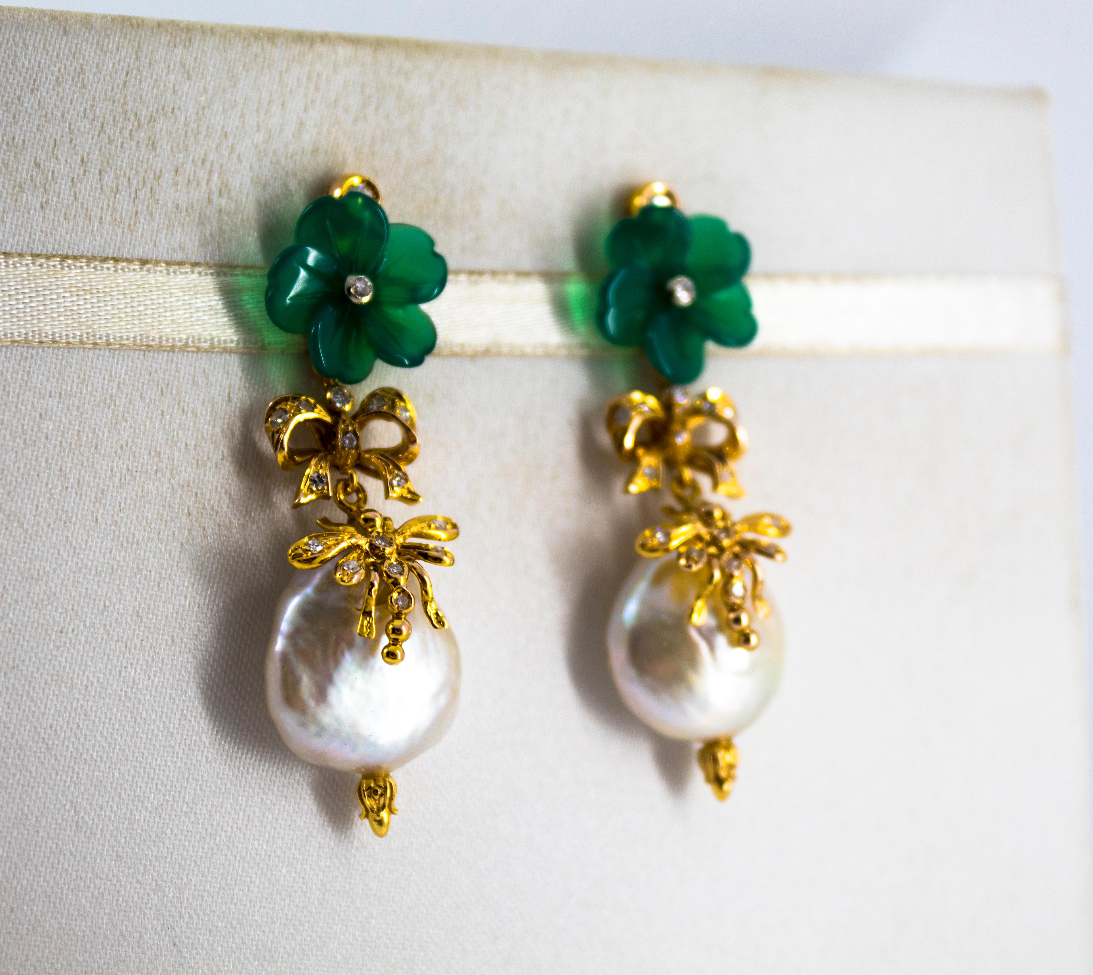Brilliant Cut Art Nouveau Style 0.40 Carat White Diamond Agate Pearl Yellow Gold Stud Earrings