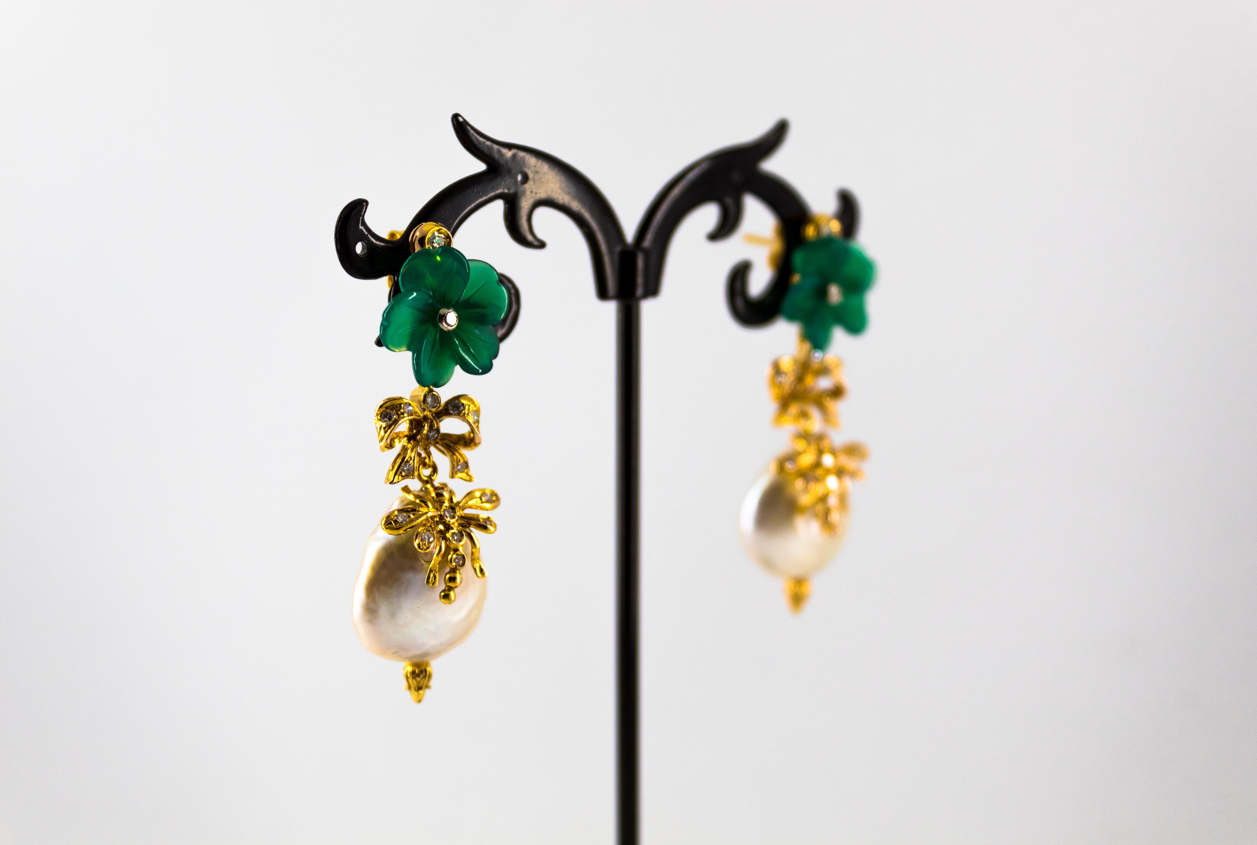 Art Nouveau Style 0.40 Carat White Diamond Agate Pearl Yellow Gold Stud Earrings 1