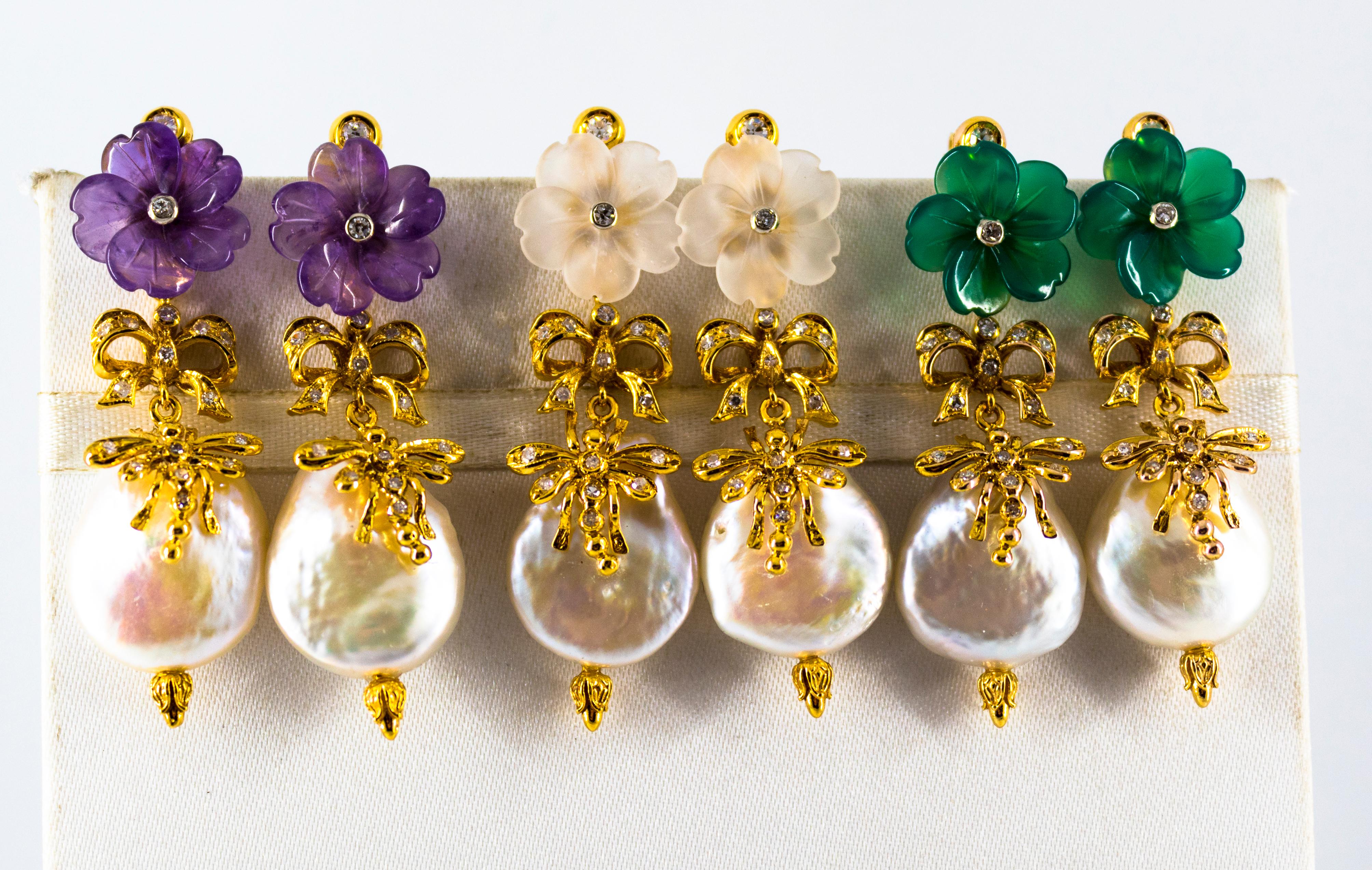 Art Nouveau Style 0.40 Carat White Diamond Agate Pearl Yellow Gold Stud Earrings 3