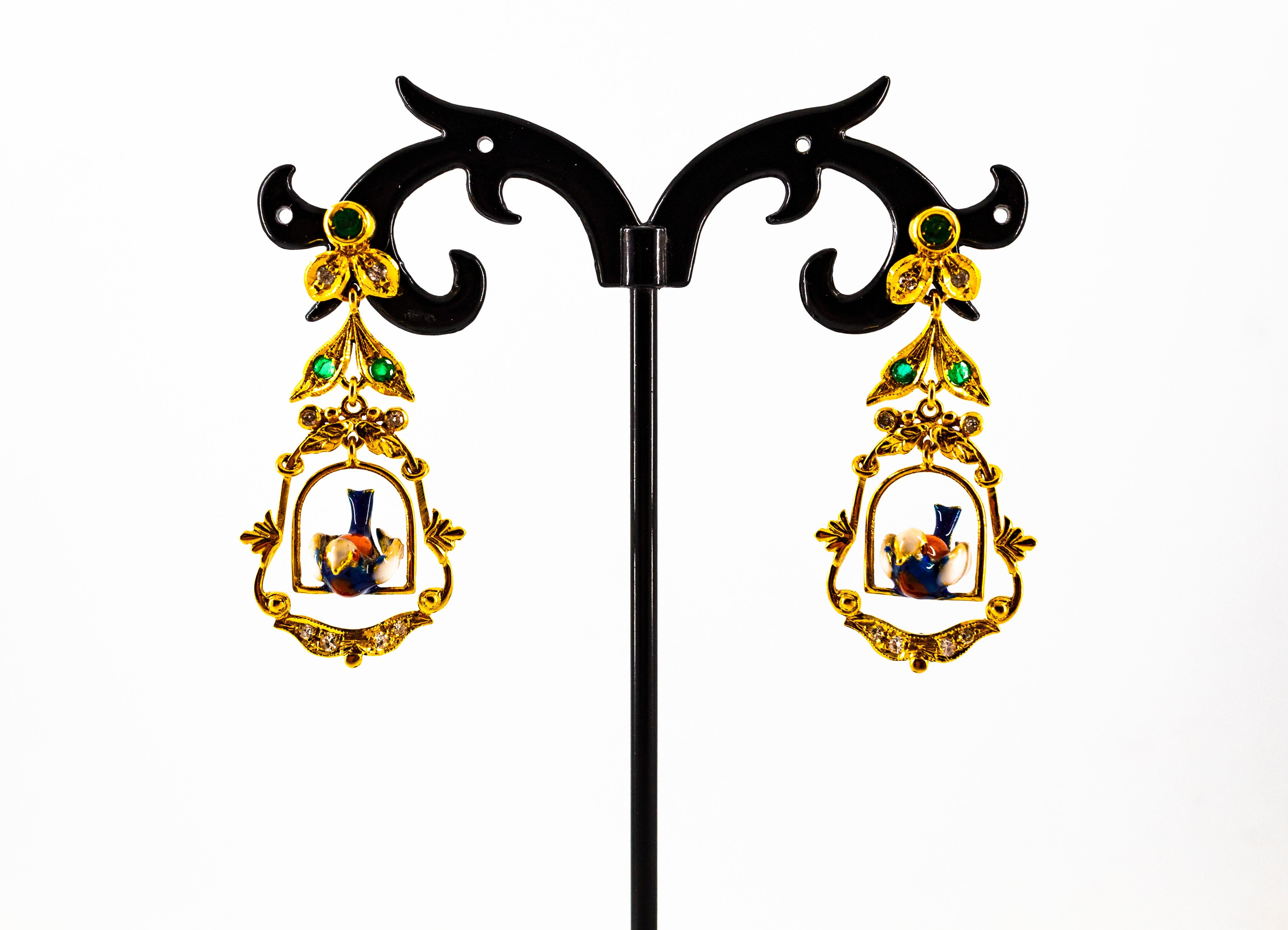 Art Nouveau Style 0.65 Carat White Diamond Emerald Enamel Yellow Gold Earrings For Sale 5