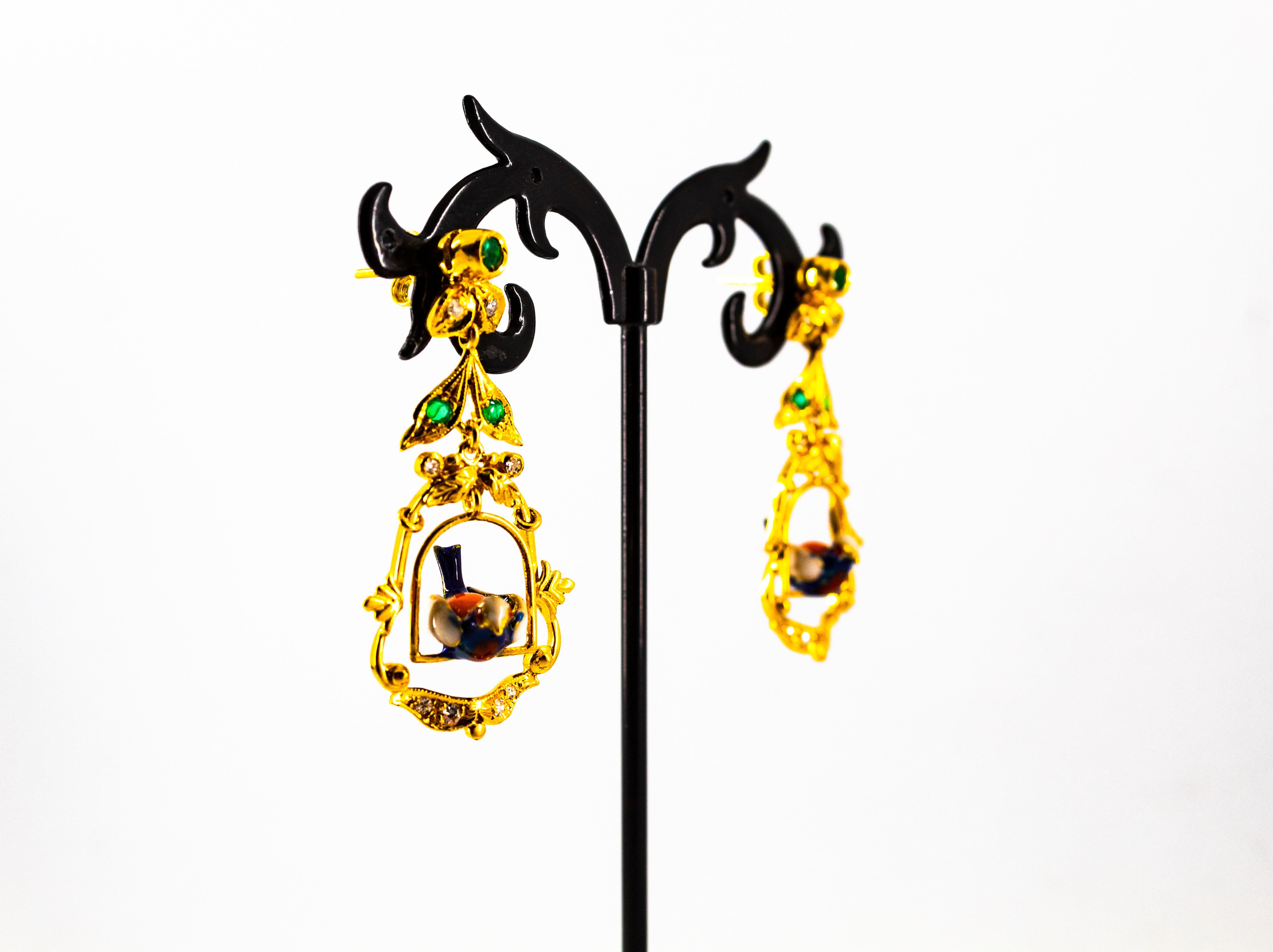 Art Nouveau Style 0.65 Carat White Diamond Emerald Enamel Yellow Gold Earrings For Sale 6