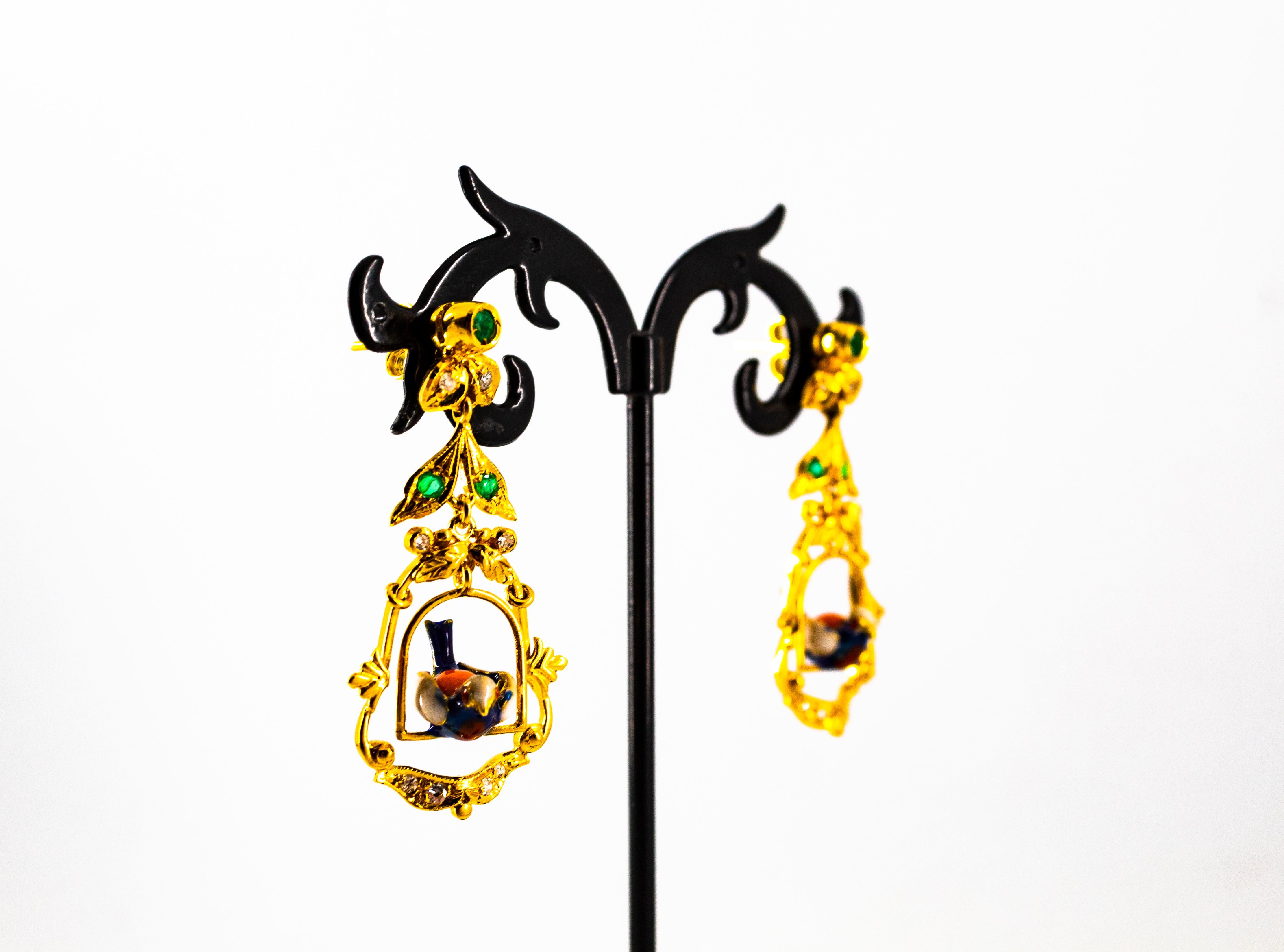 Art Nouveau Style 0.65 Carat White Diamond Emerald Enamel Yellow Gold Earrings For Sale 7